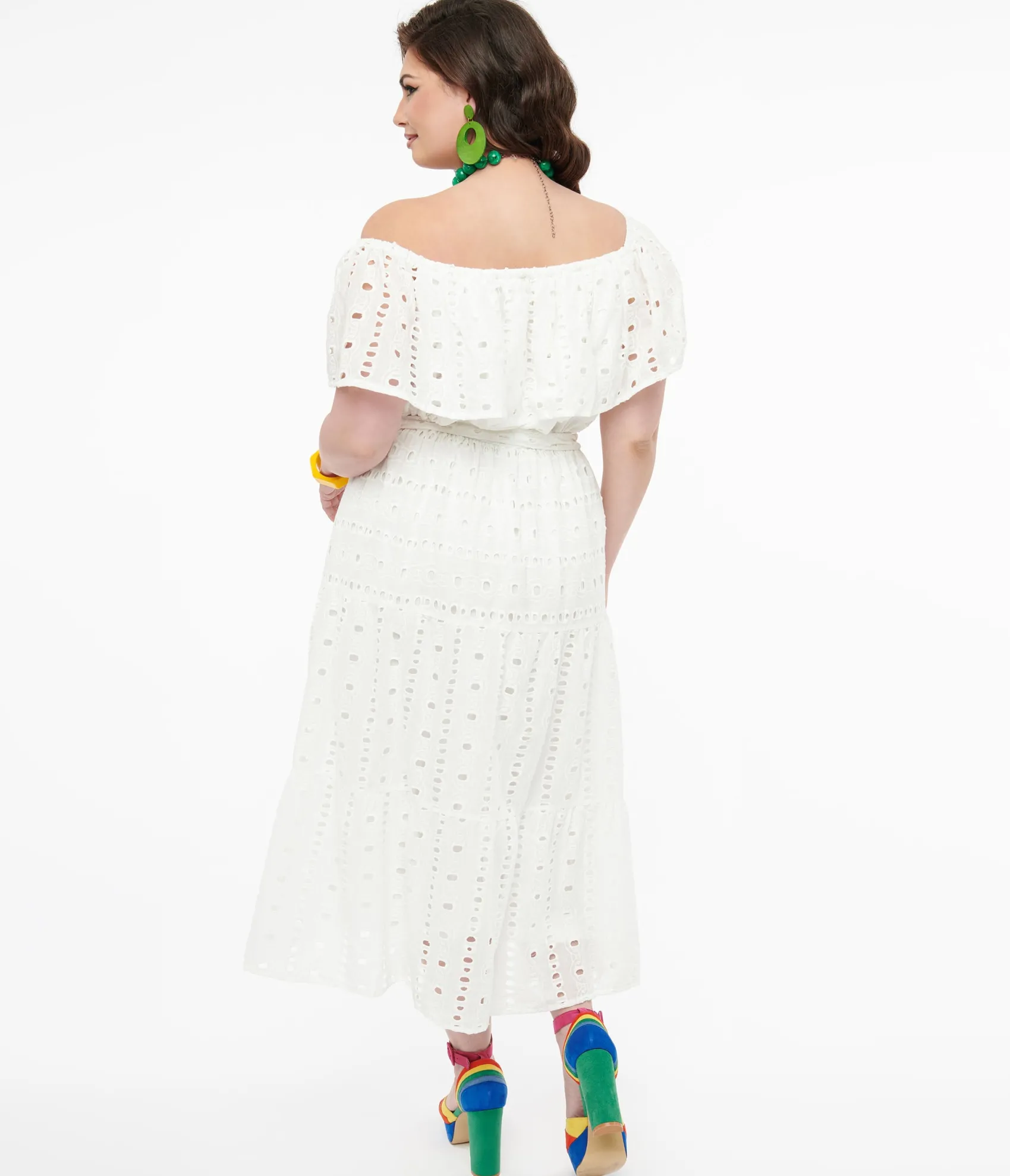 Unique Vintage 1970s White Eyelet Cotton Off The Shoulder Midi Dress Store