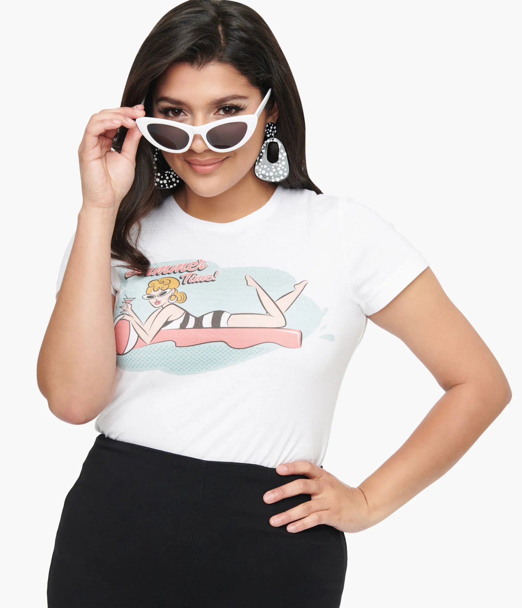 Unique Vintage 1950s White Summer Time Fitted Graphic Tee Clearance