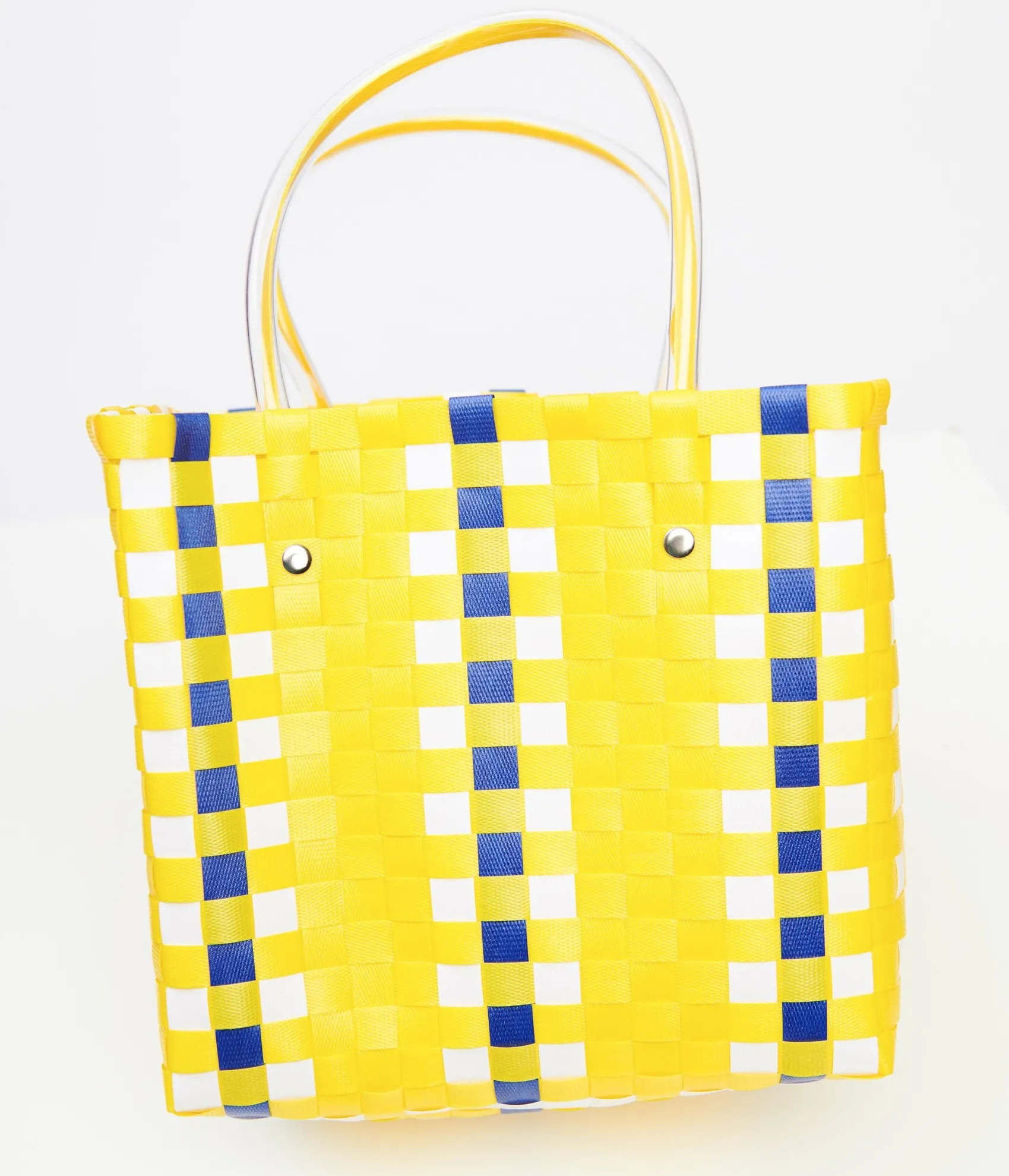 Unique Vintage 1970s Yellow & Blue Woven Basket Bag Flash Sale