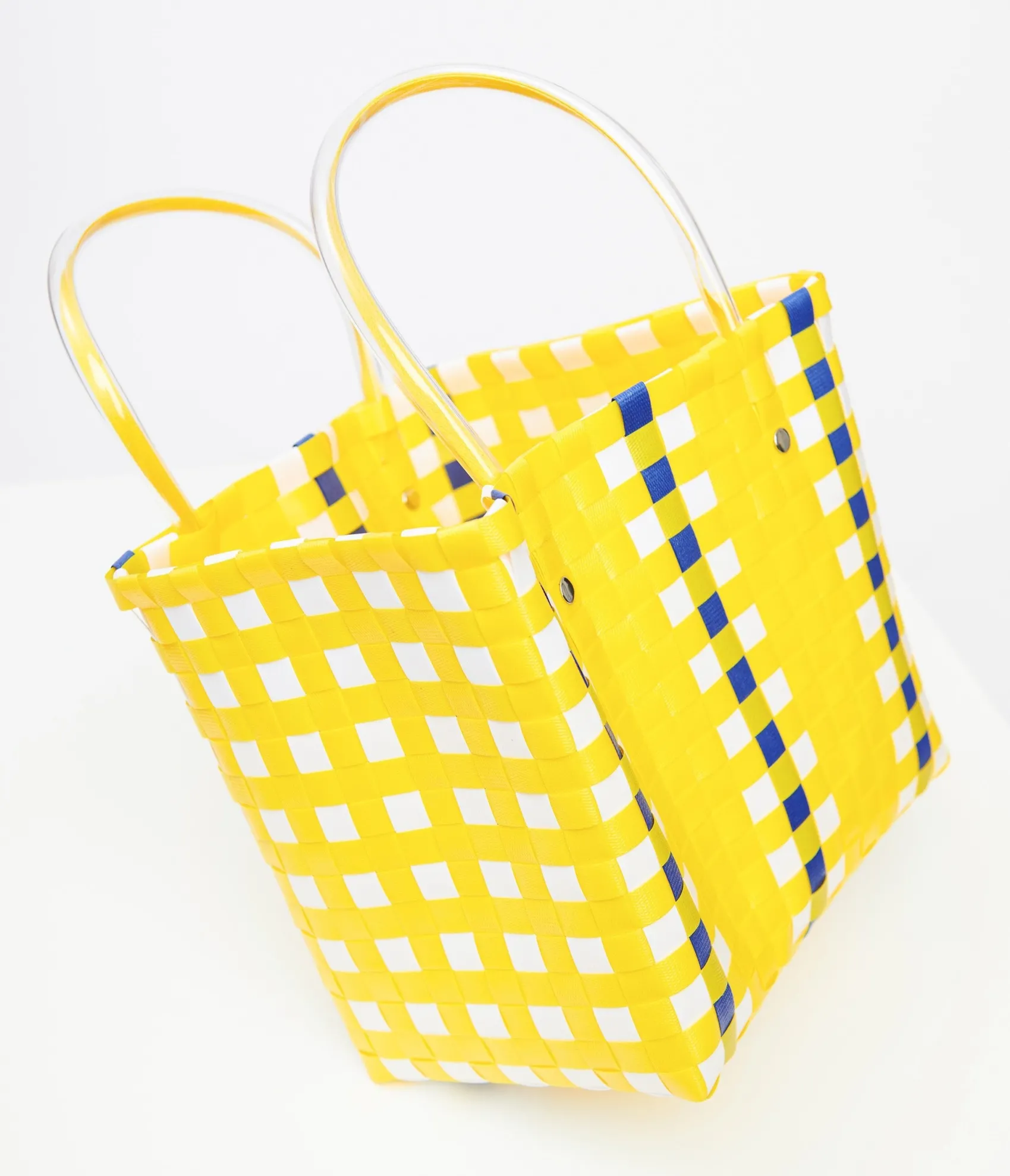 Unique Vintage 1970s Yellow & Blue Woven Basket Bag Flash Sale