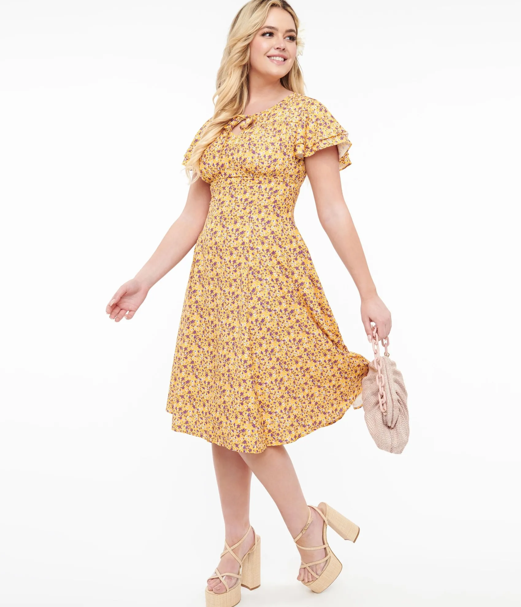 Unique Vintage 1950s Yellow & Purple Floral Capelet Swing Dress Fashion
