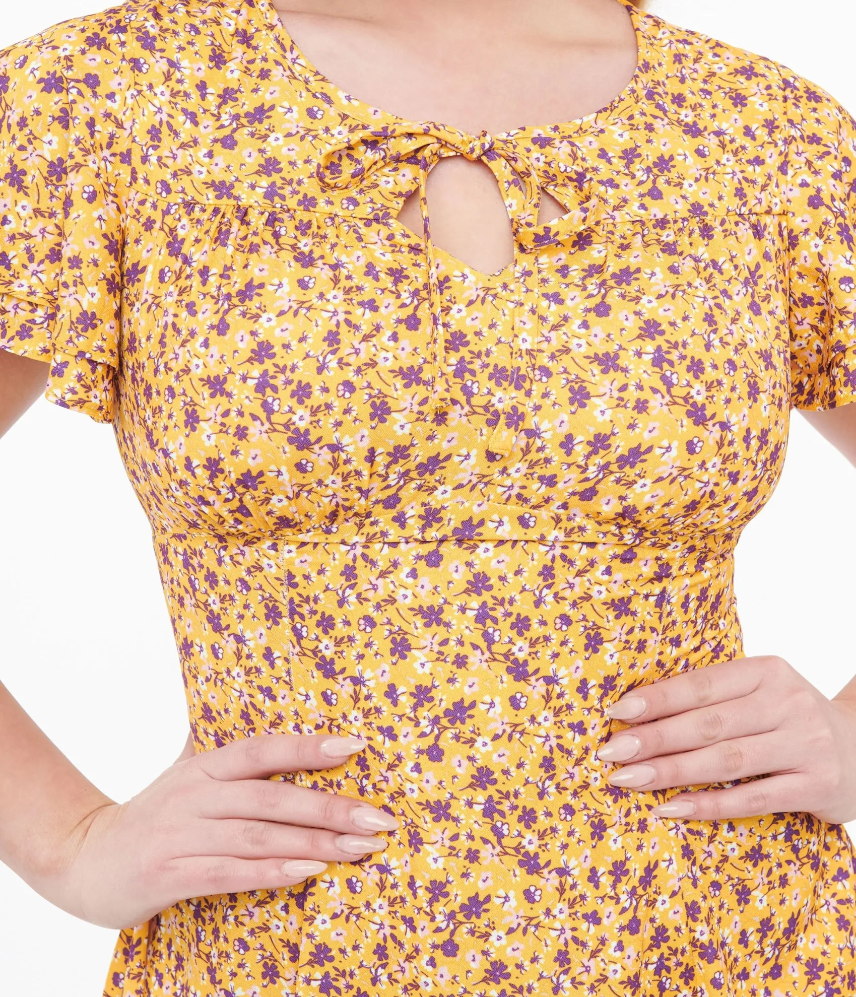 Unique Vintage 1950s Yellow & Purple Floral Capelet Swing Dress Fashion