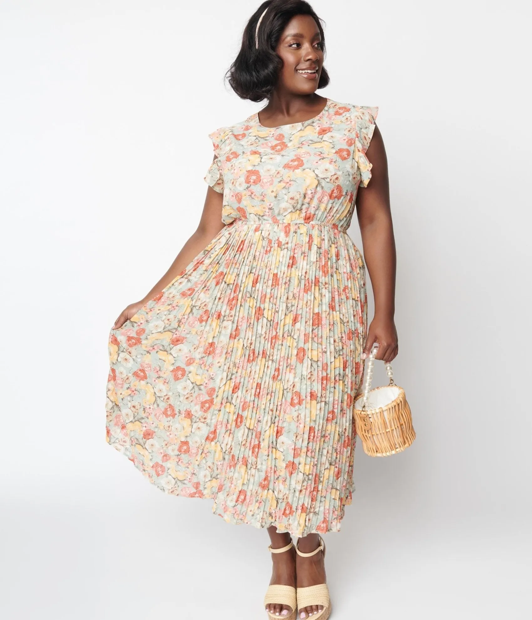 Unique Vintage Sage Floral Pleated Midi Dress Outlet