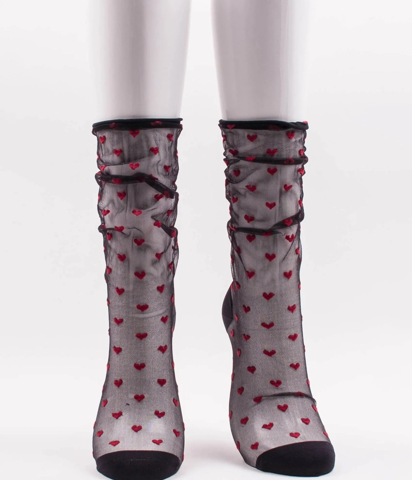 Unique Vintage Sheer Black & Red Heart Crew Socks Flash Sale