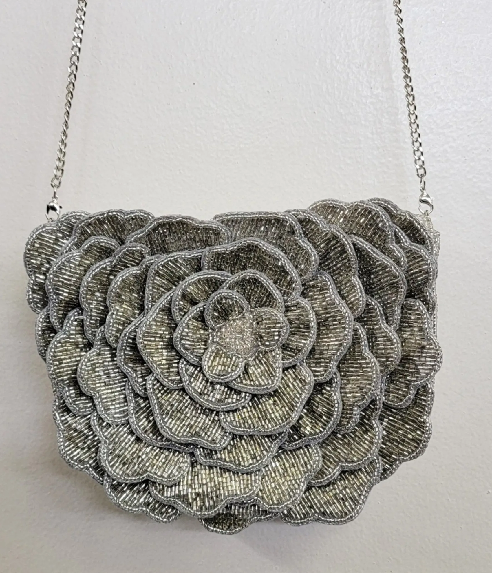 Unique Vintage Silver Flower Beaded Crossbody Bag Clearance