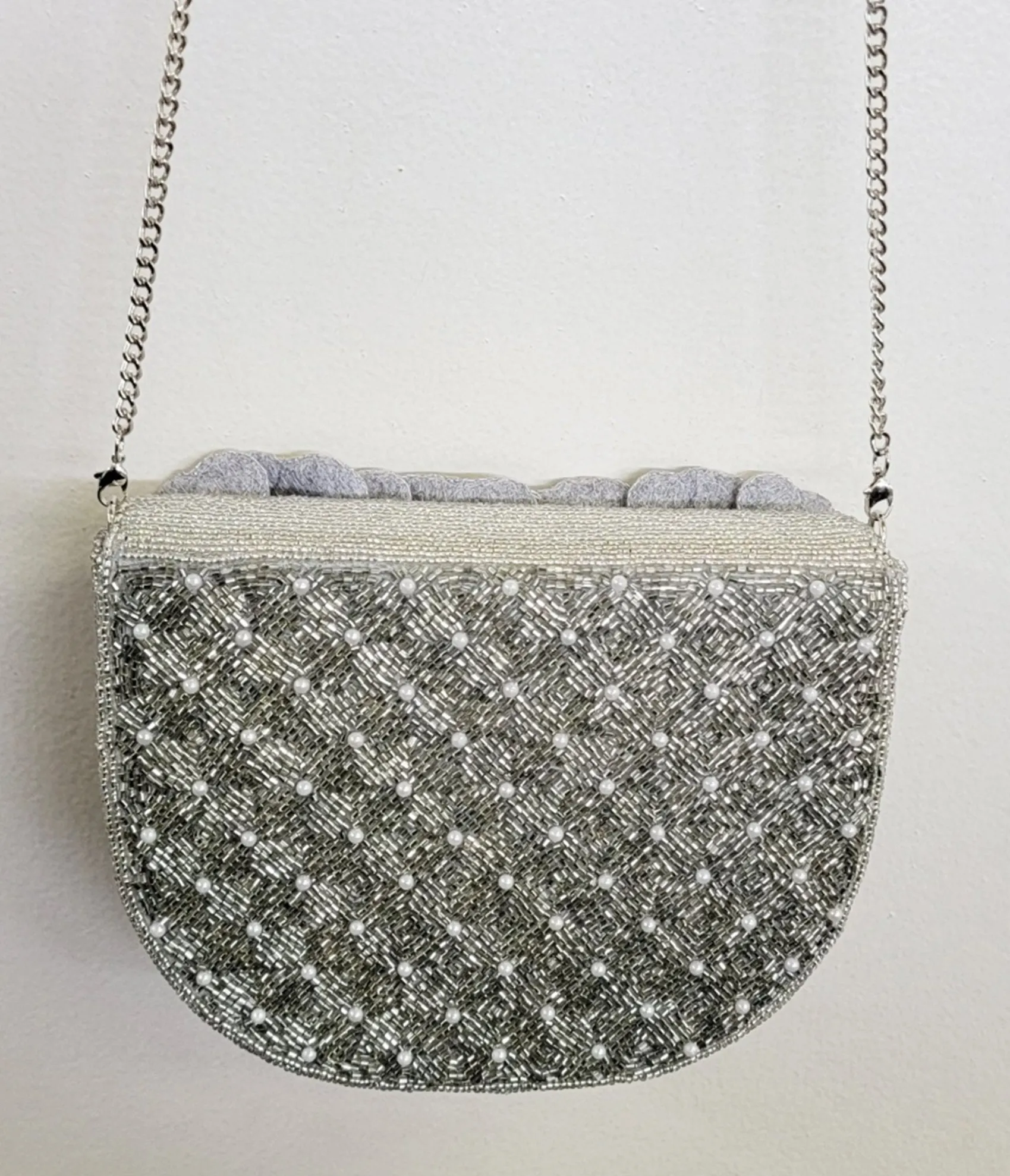 Unique Vintage Silver Flower Beaded Crossbody Bag Clearance