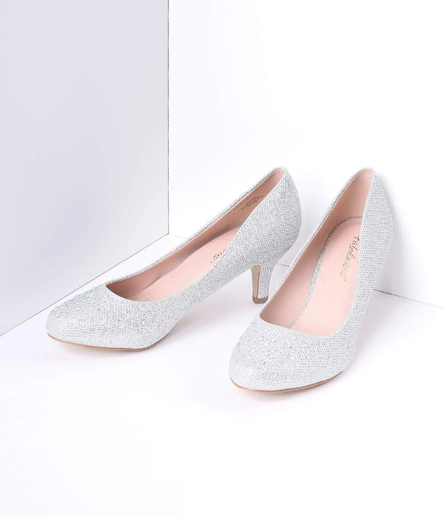 Unique Vintage Silver Metallic Rhinestone Doris Kitten Heels Sale