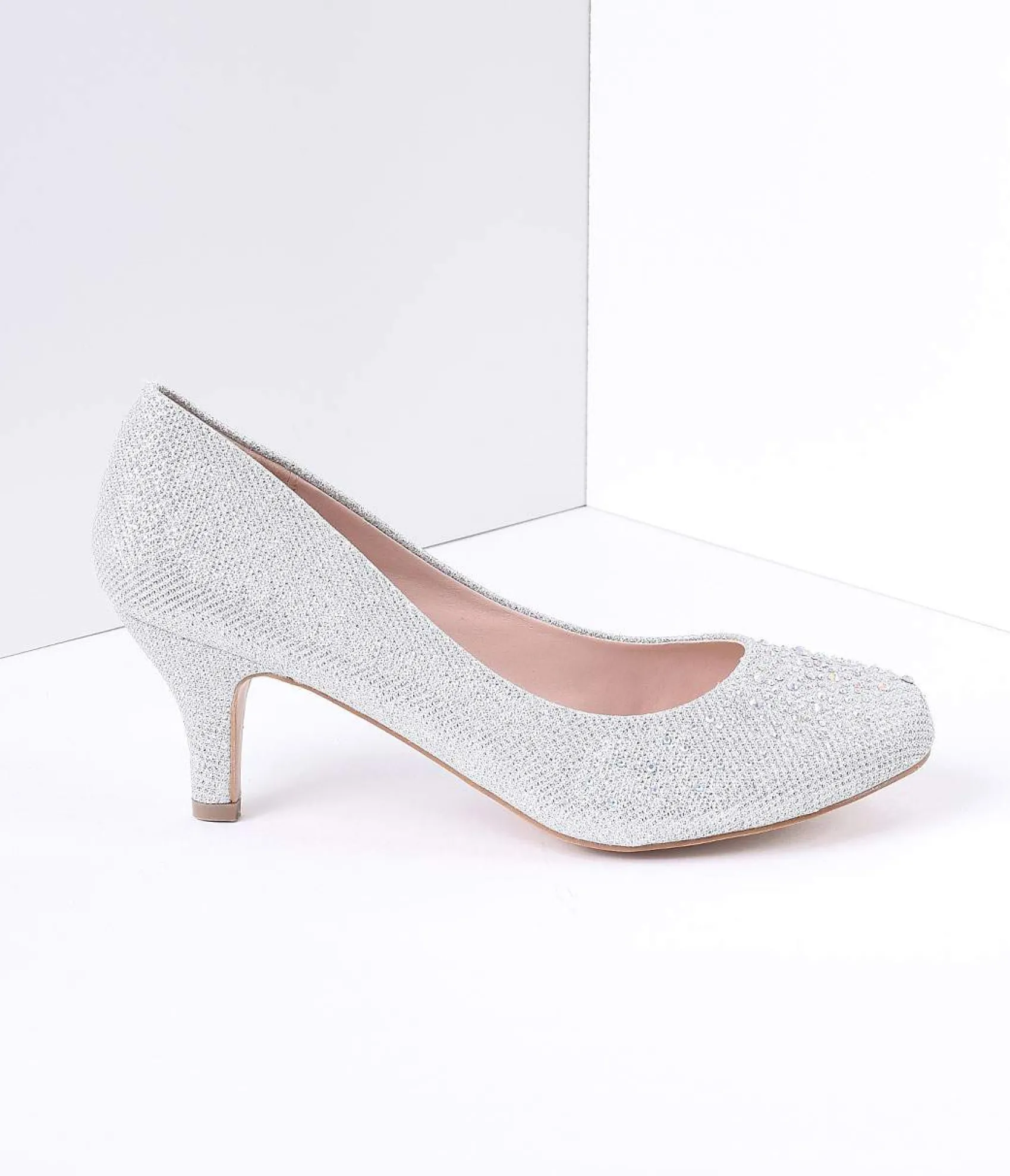 Unique Vintage Silver Metallic Rhinestone Doris Kitten Heels Sale
