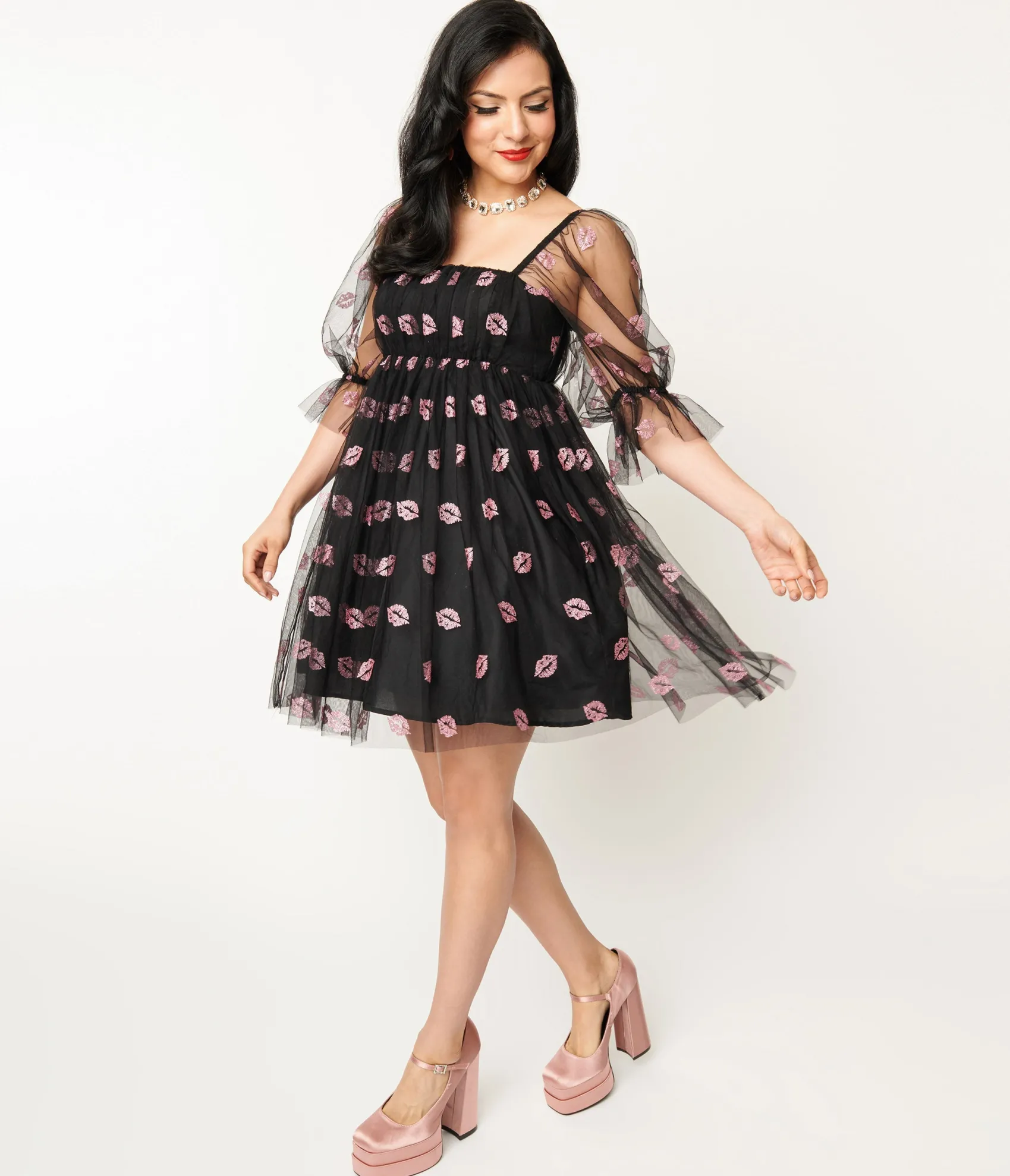 Unique Vintage Smak Parlour Black & Pink Glitter Lips Love Interest Babydoll Dress Fashion