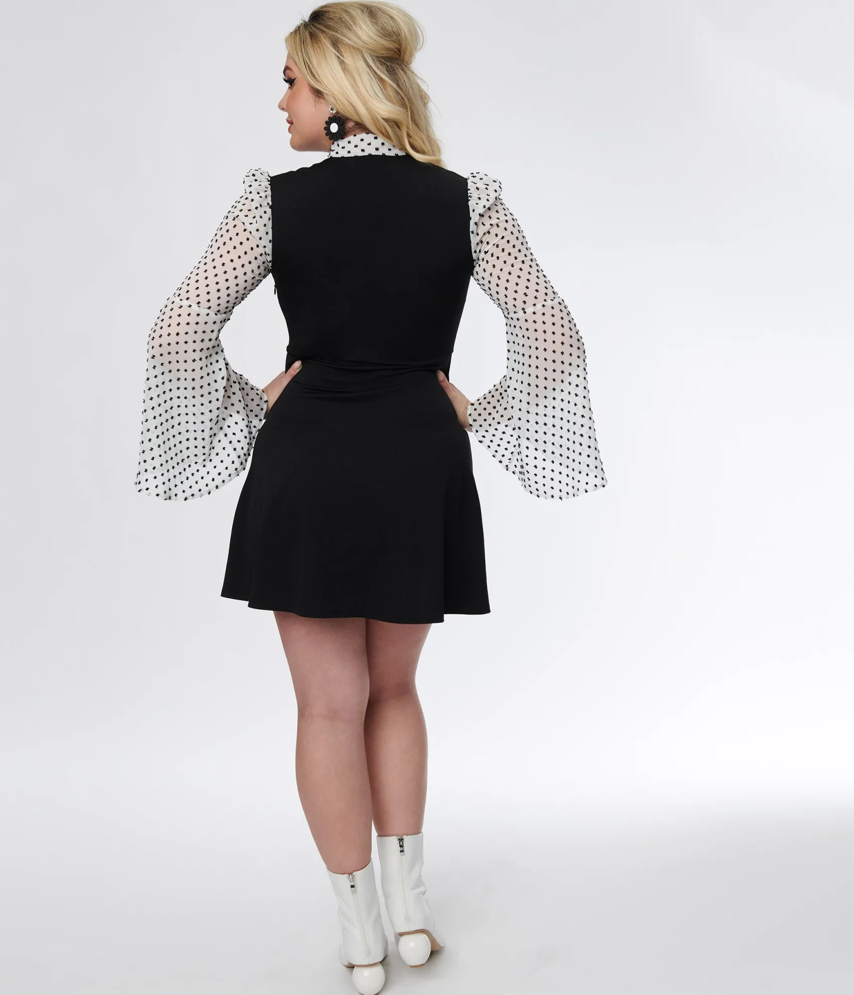 Unique Vintage Smak Parlour Black & White Polka Dot Bell Sleeve Flare Dress Clearance