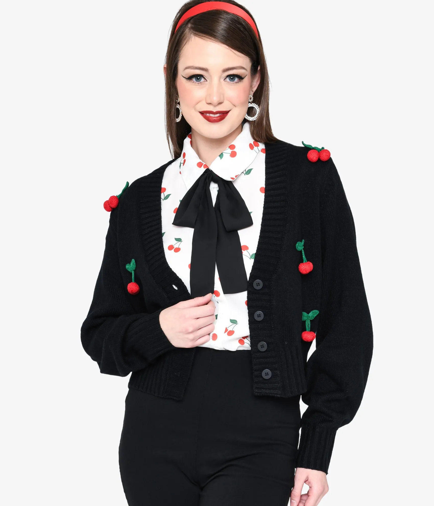 Unique Vintage Smak Parlour Black Cherries Cropped Knit Cardigan Flash Sale