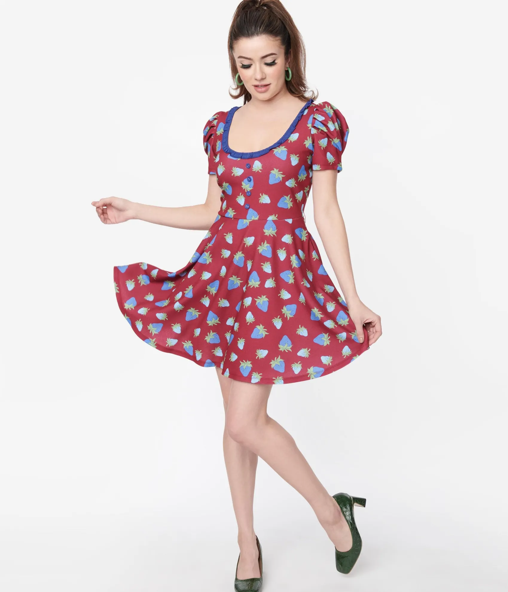 Unique Vintage Smak Parlour Burgundy & Blue Strawberry Group Chat Flare Dress Online