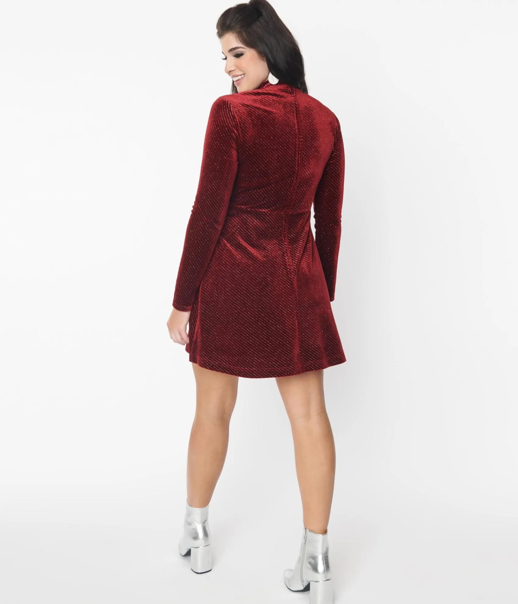 Unique Vintage Smak Parlour Burgundy Sparkly Velvet Mock Turtleneck Fit & Flare Dress Fashion
