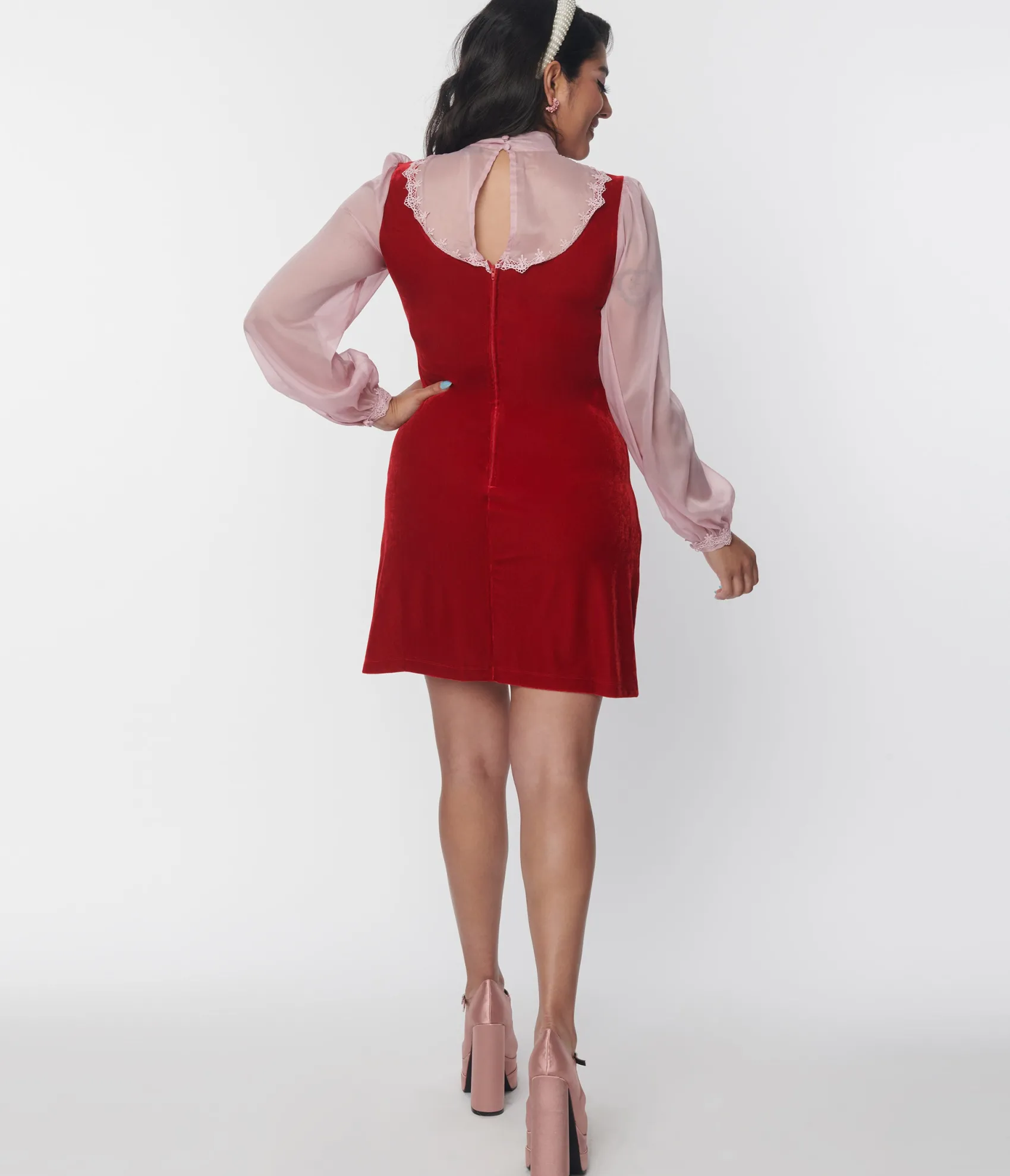 Unique Vintage Smak Parlour Burgundy Velvet & Pink Bow Neck Shift Dress Fashion
