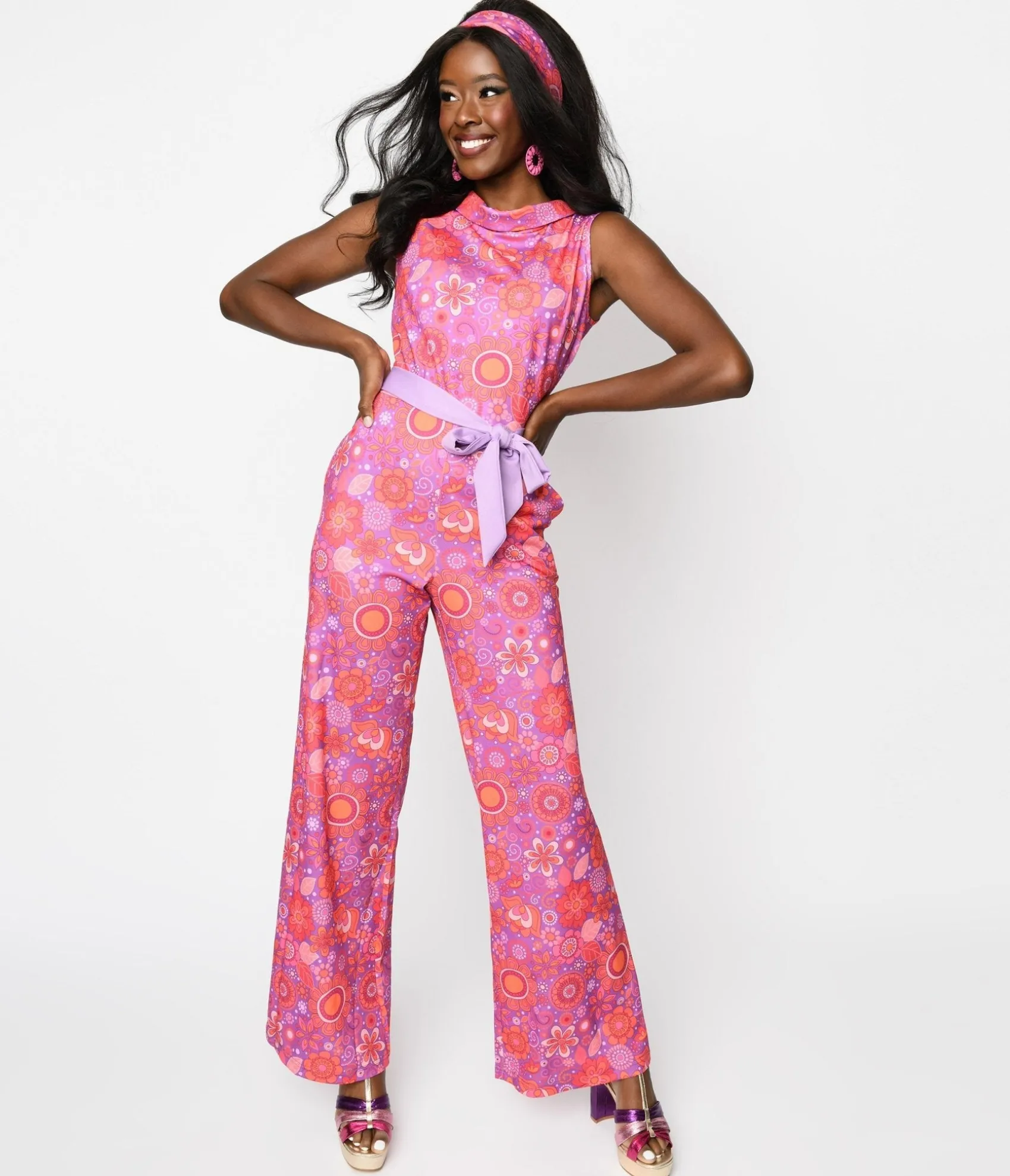 Unique Vintage Smak Parlour Groovy Orange Floral Cowl Neck Jumpsuit Discount