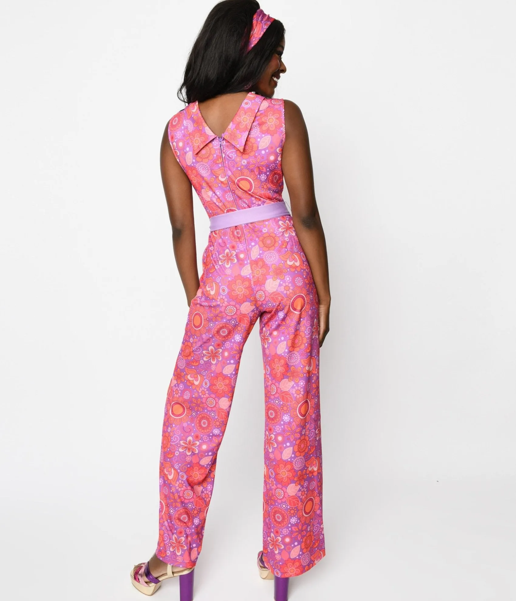 Unique Vintage Smak Parlour Groovy Orange Floral Cowl Neck Jumpsuit Discount