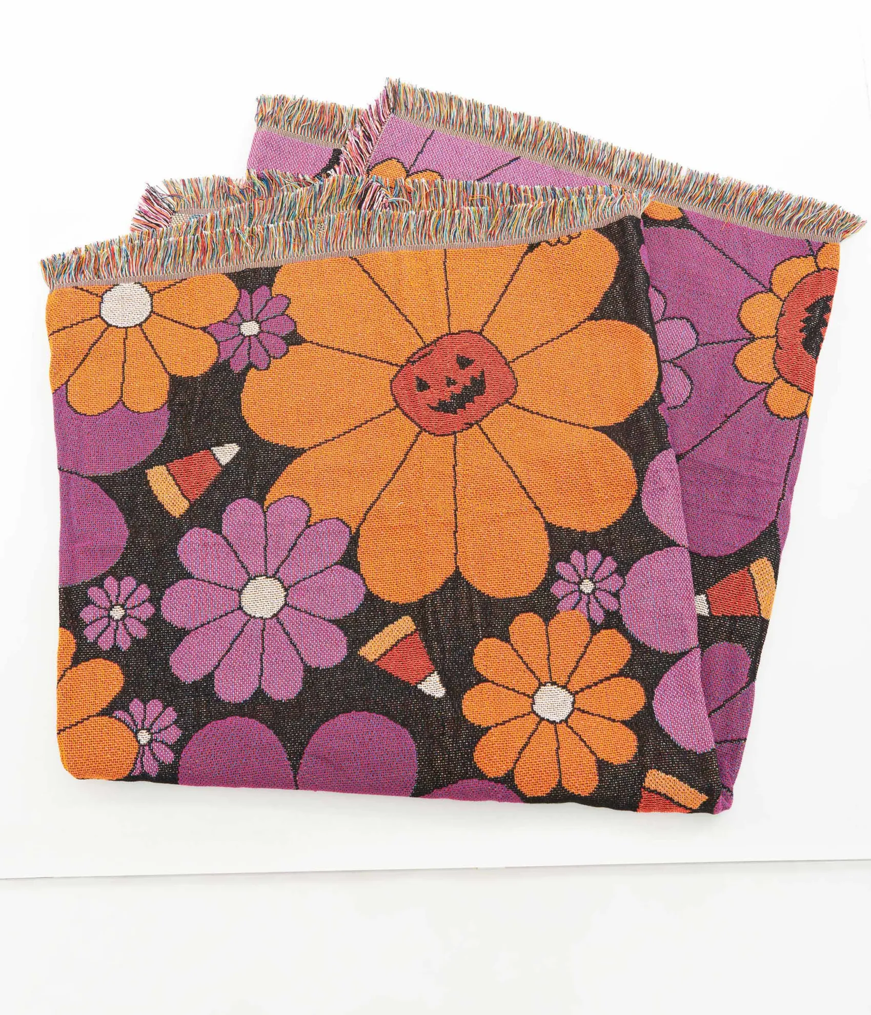 Unique Vintage Smak Parlour Groovy Pumpkin Floral Fringe Blanket Best Sale