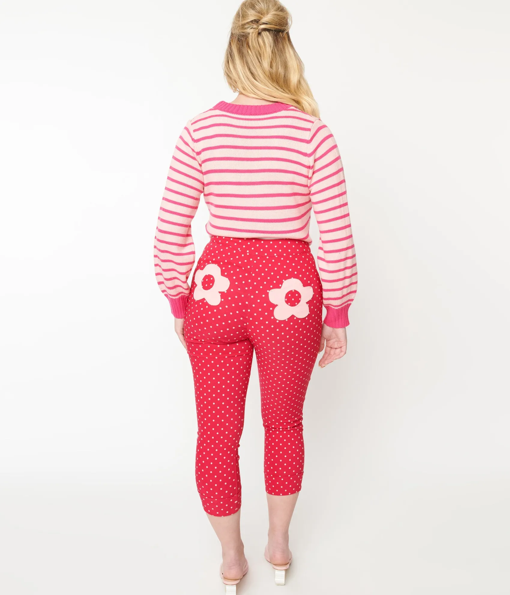 Unique Vintage Smak Parlour Hot Pink Pin Dot Daisy Pocket Smarty Pants Capri Best