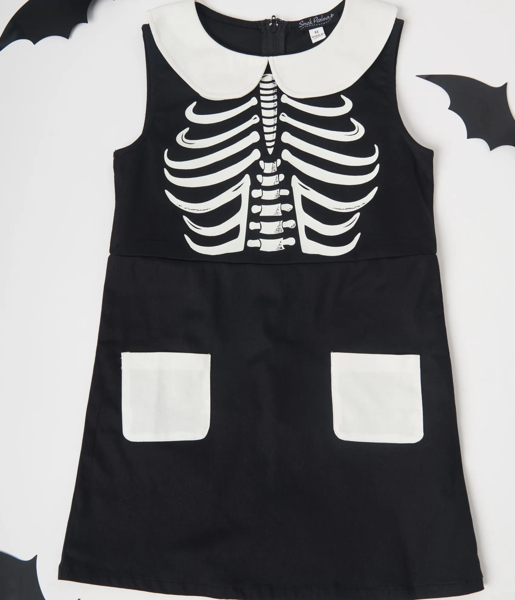 Unique Vintage Smak Parlour Kids Black & White Glow in the Dark Skeleton Power Mini Dress Shop