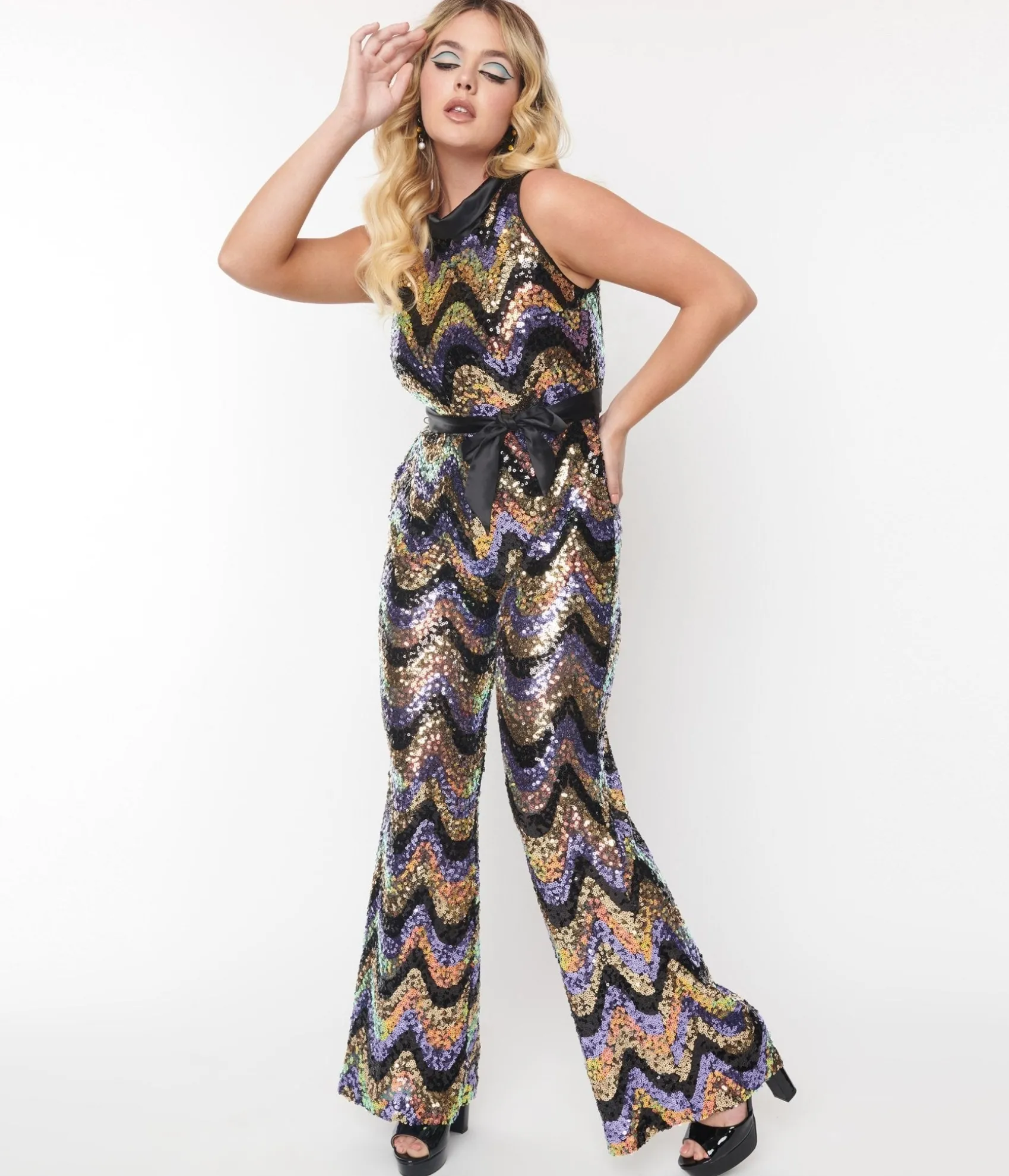 Unique Vintage Smak Parlour Multicolor Zig Zag Sequin Cowl Neck Jumpsuit Cheap