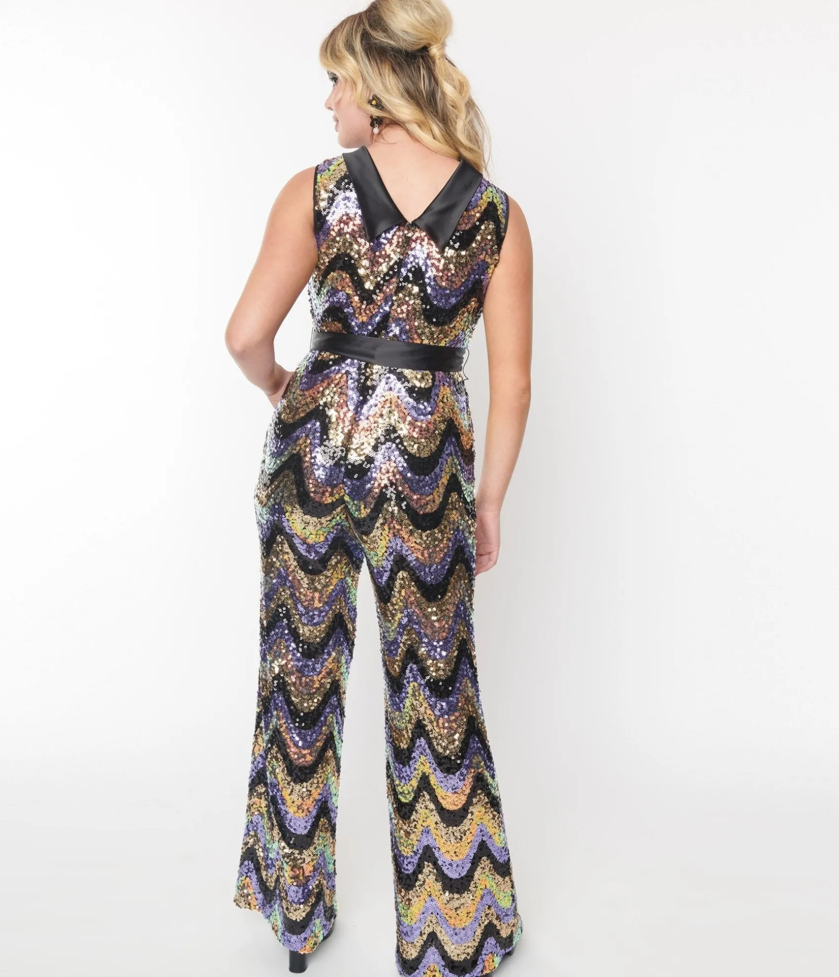 Unique Vintage Smak Parlour Multicolor Zig Zag Sequin Cowl Neck Jumpsuit Cheap