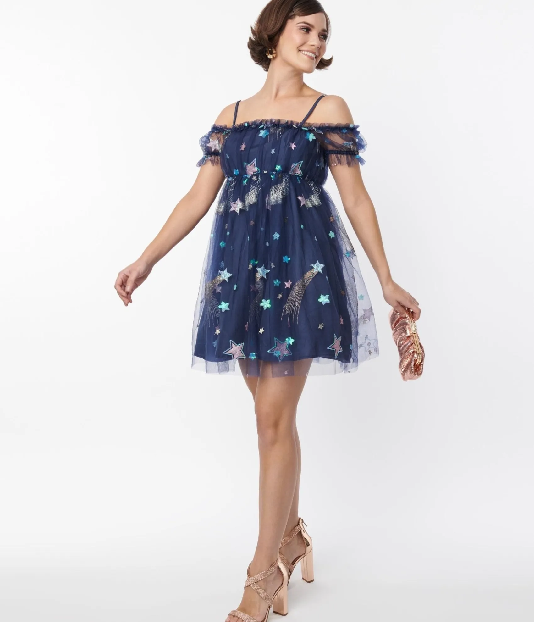 Unique Vintage Smak Parlour Navy Glitter Off the Shoulder Babydoll Dress Fashion