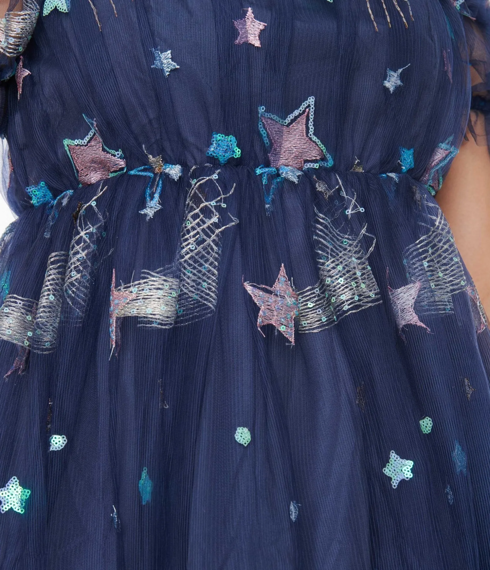 Unique Vintage Smak Parlour Navy Glitter Off the Shoulder Babydoll Dress Fashion