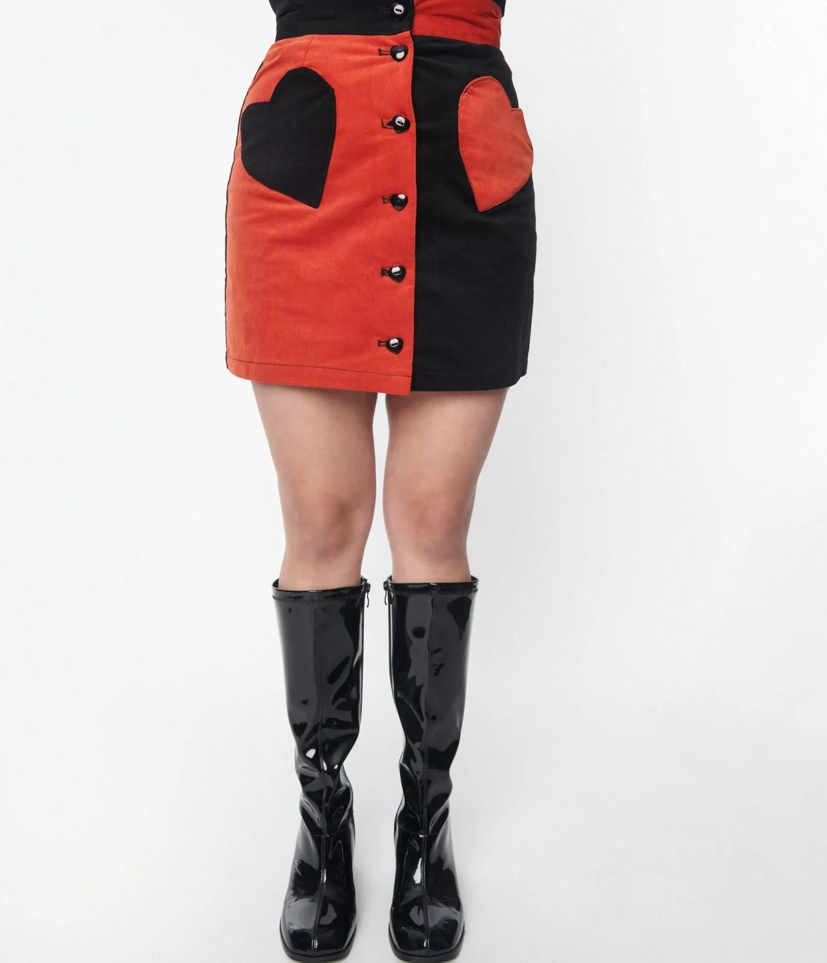 Unique Vintage Smak Parlour Orange & Black Heart Match Game Mini Skirt Clearance