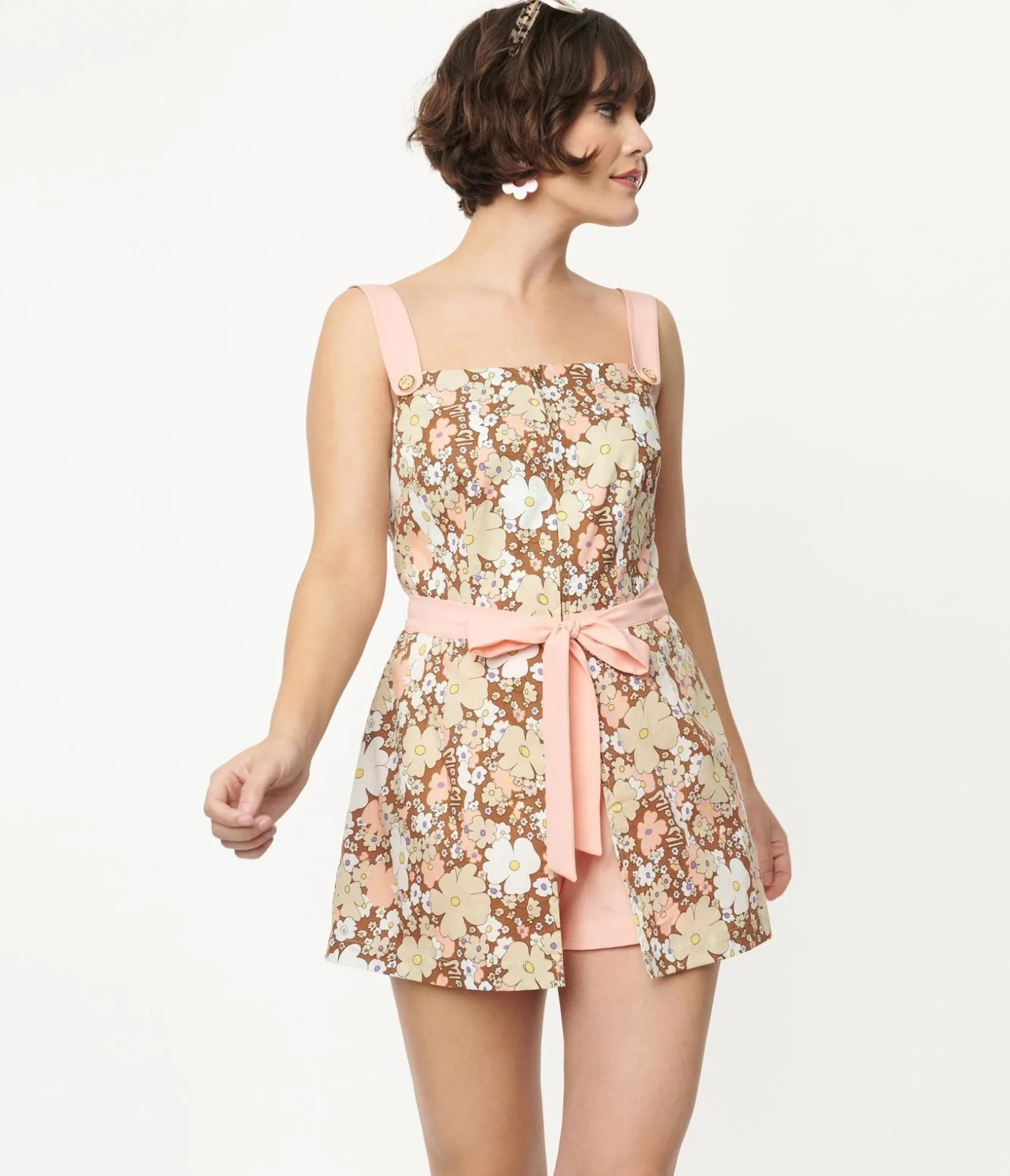 Unique Vintage Smak Parlour Pink & Brown Floral Sweet & Sassy Skirted Romper Sale