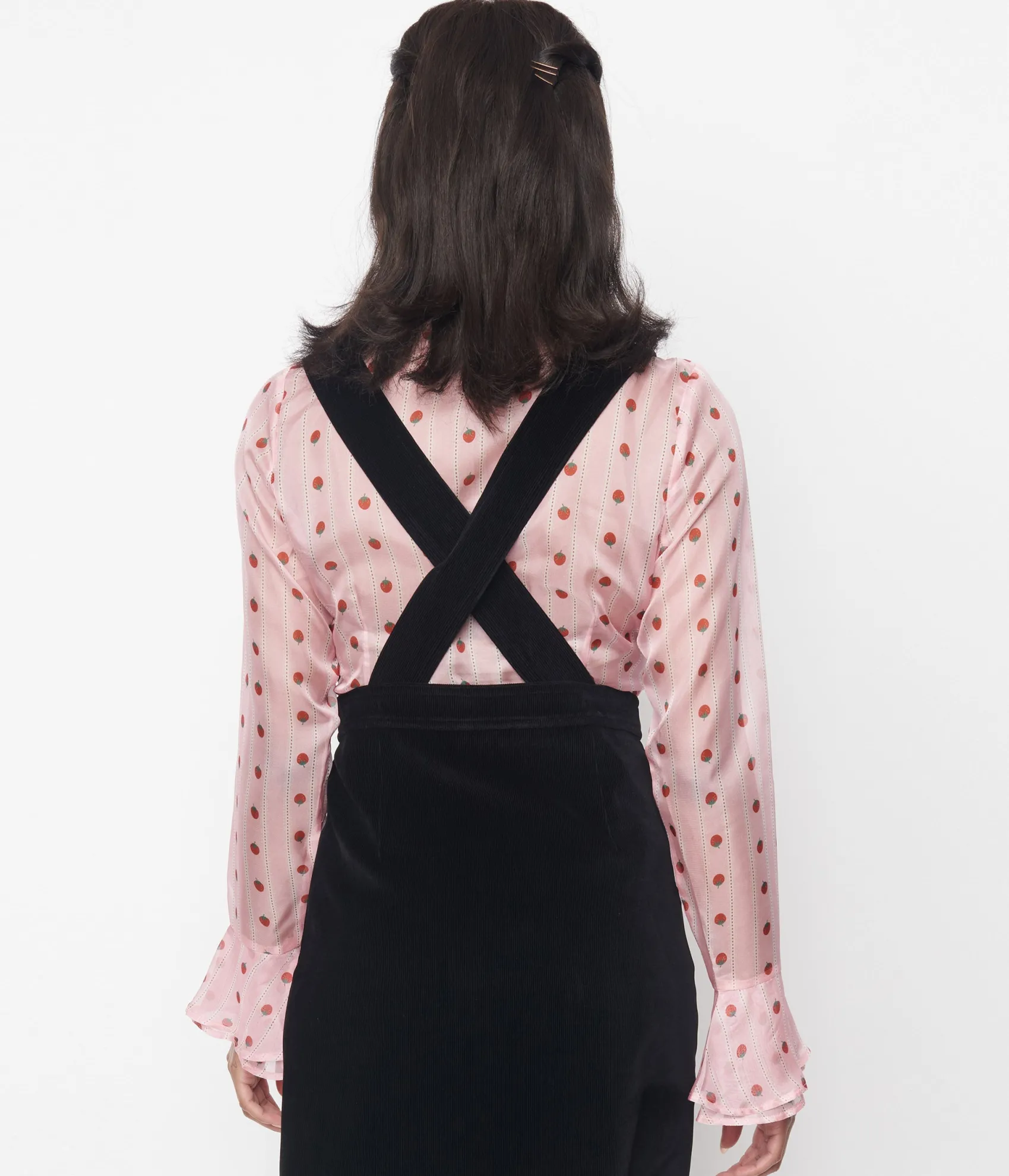 Unique Vintage Smak Parlour Pink & Strawberries Stripe Ruffle Blouse Best