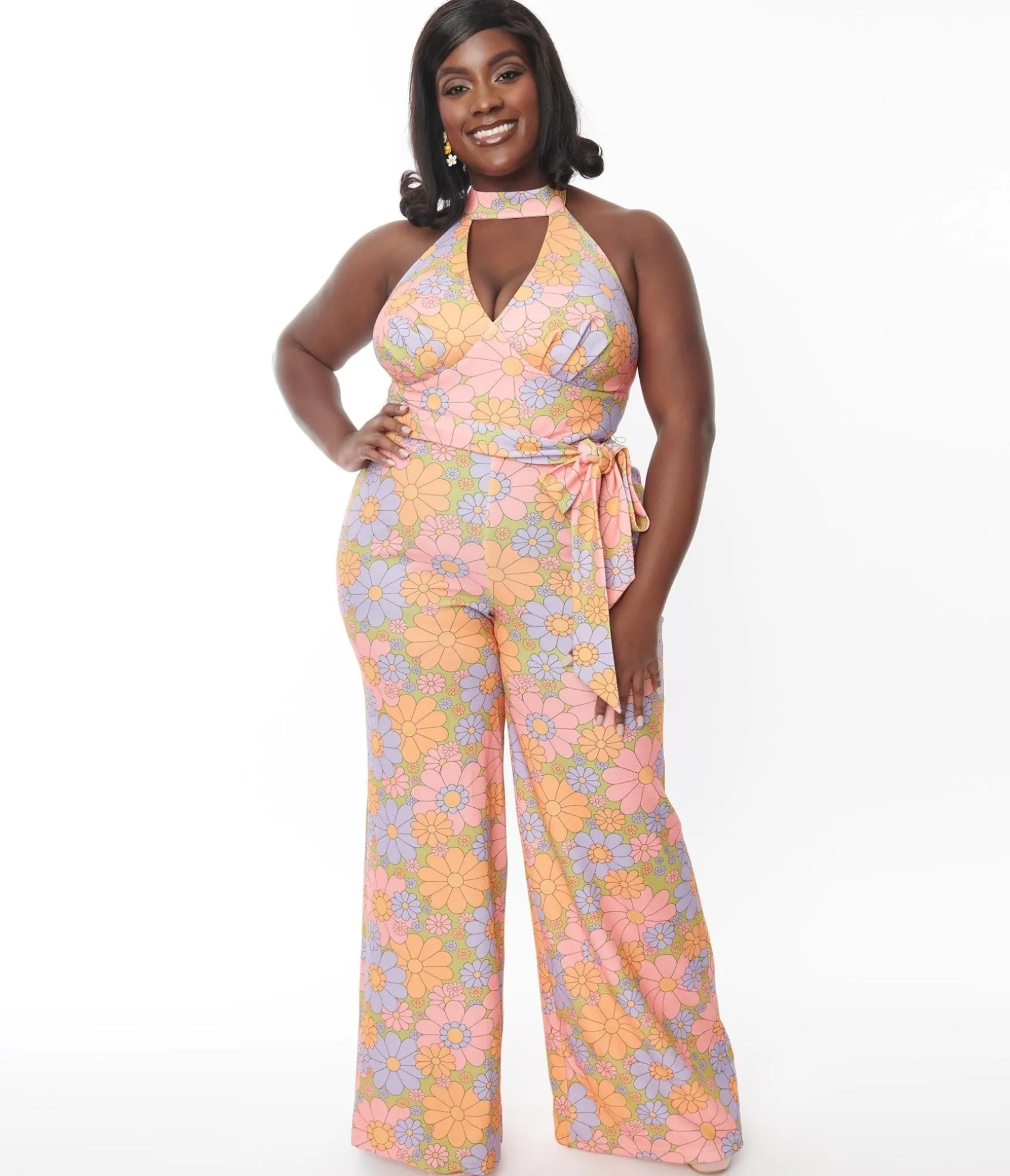 Unique Vintage Smak Parlour Plus Size Avocado Green & Multicolor Daisy Glamour Goddess Jumpsuit Shop