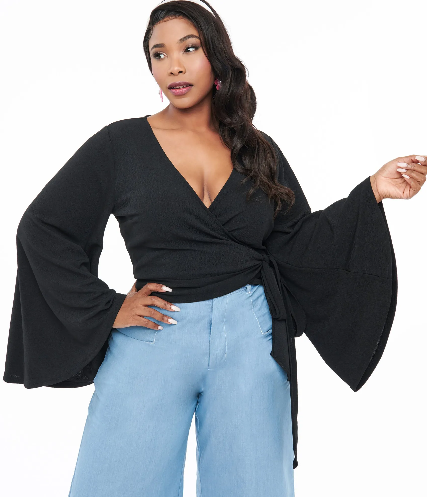 Unique Vintage Smak Parlour Plus Size Black Bell Sleeve Wrap Top Cheap