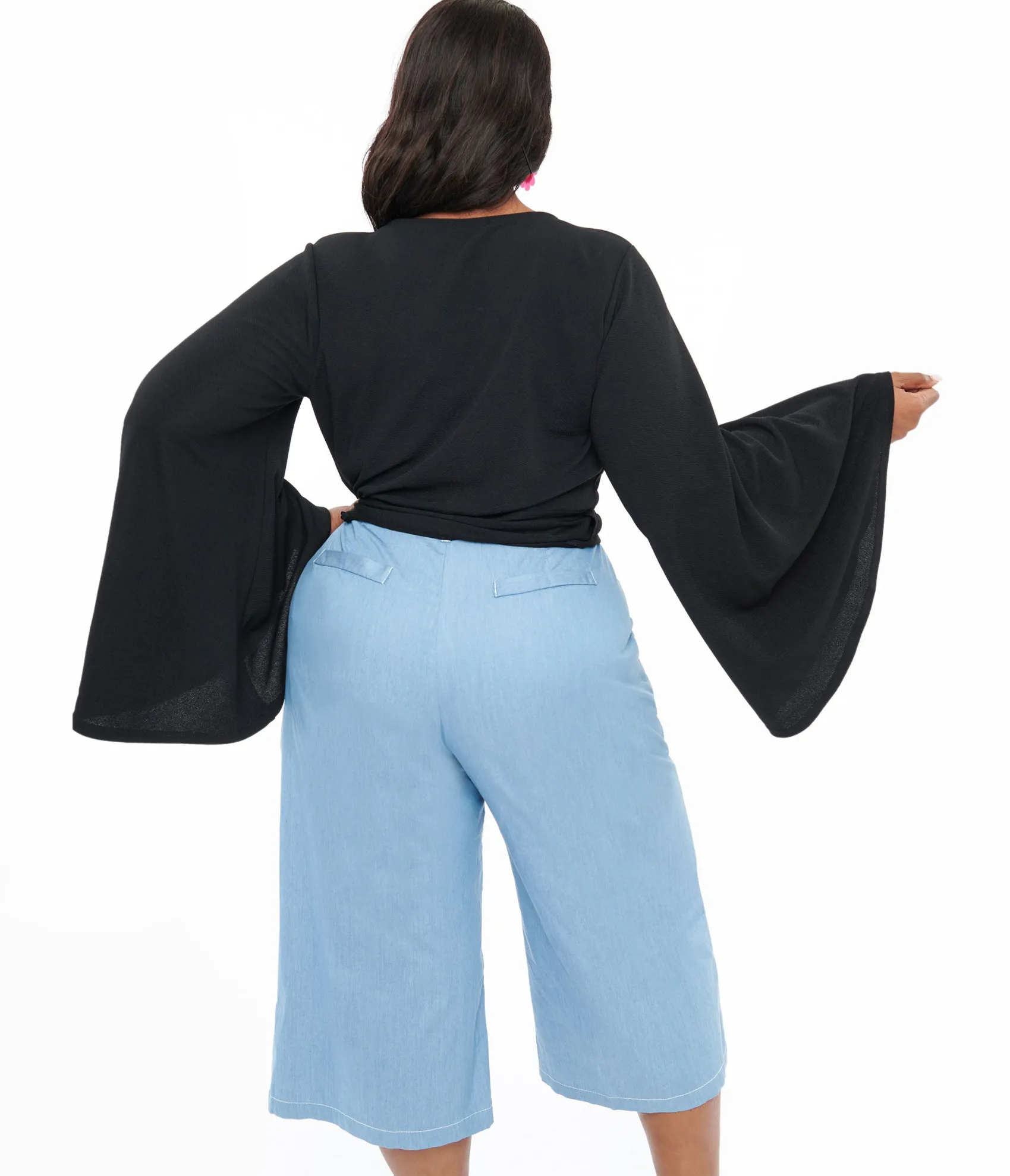 Unique Vintage Smak Parlour Plus Size Black Bell Sleeve Wrap Top Cheap
