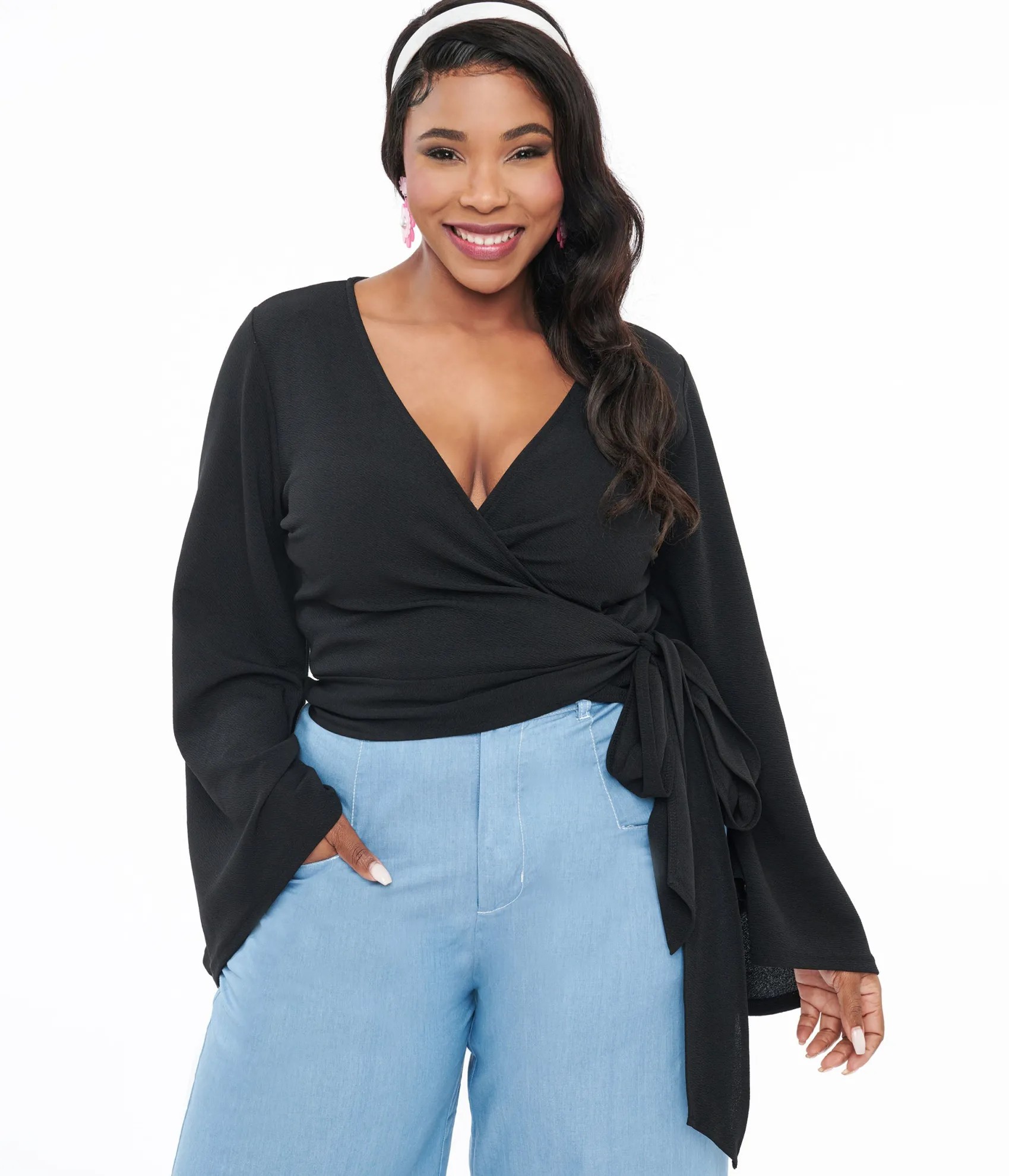Unique Vintage Smak Parlour Plus Size Black Bell Sleeve Wrap Top Cheap