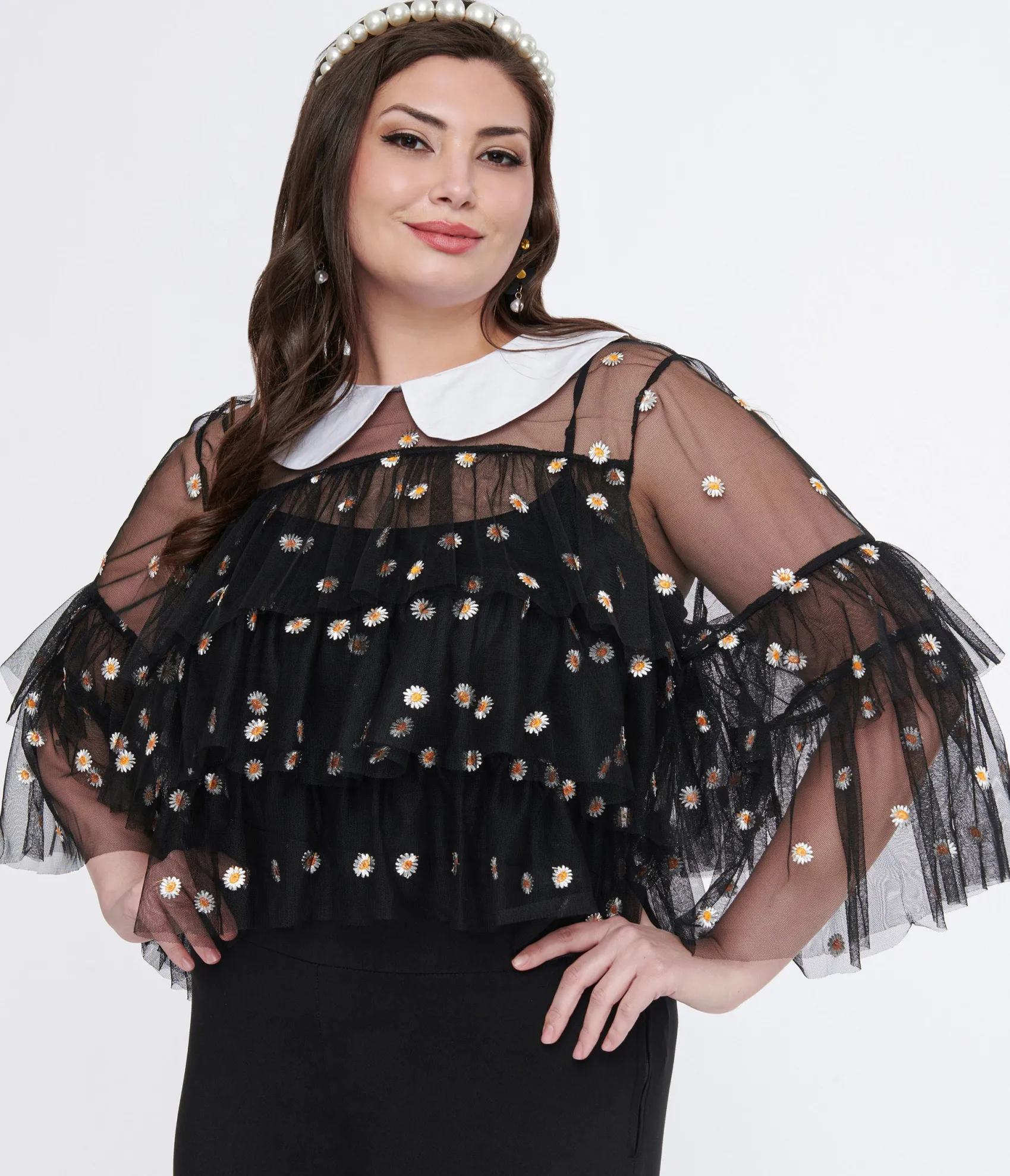 Unique Vintage Smak Parlour Plus Size Black Daisy Mesh Ruffle Top Flash Sale