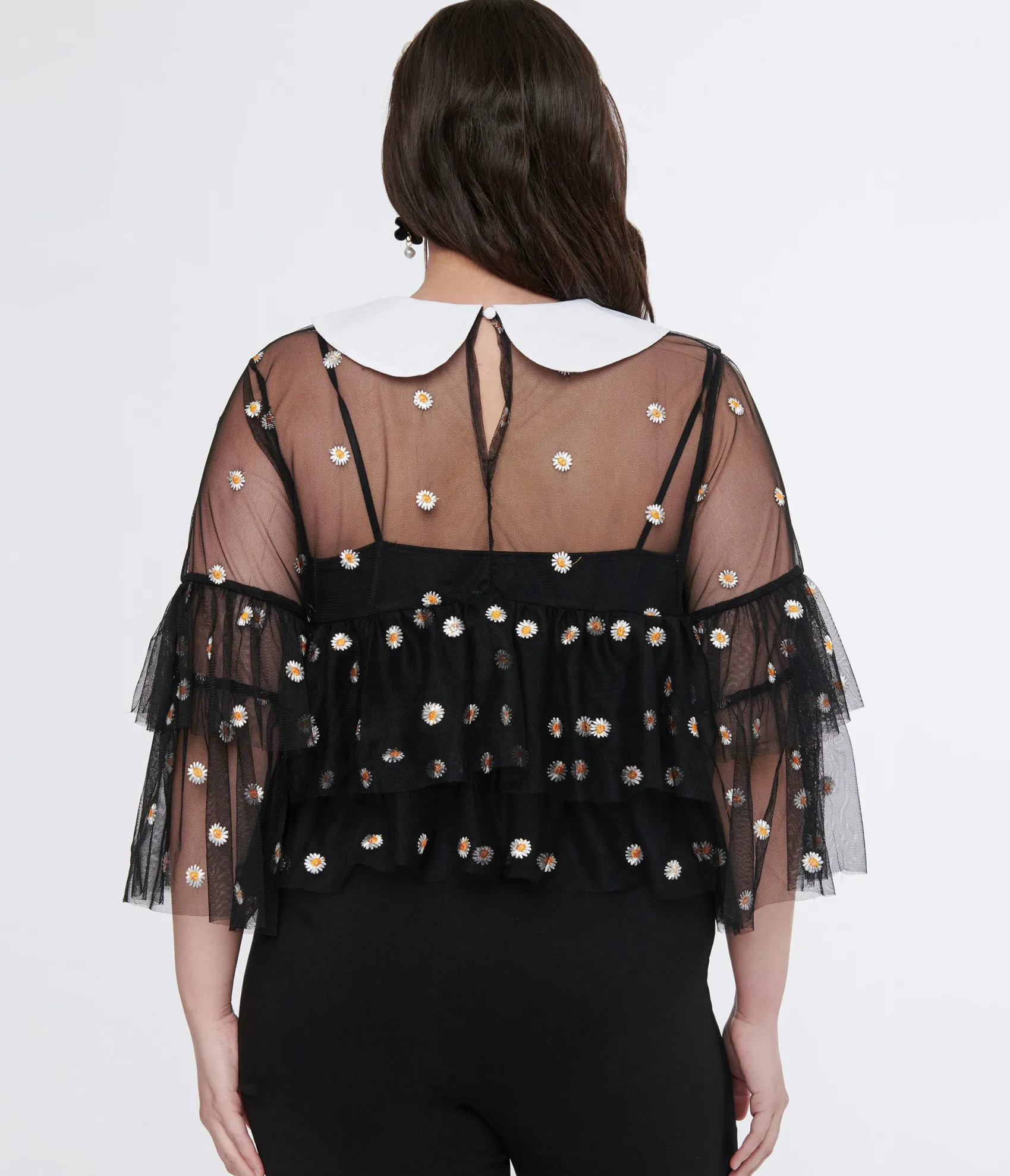 Unique Vintage Smak Parlour Plus Size Black Daisy Mesh Ruffle Top Flash Sale