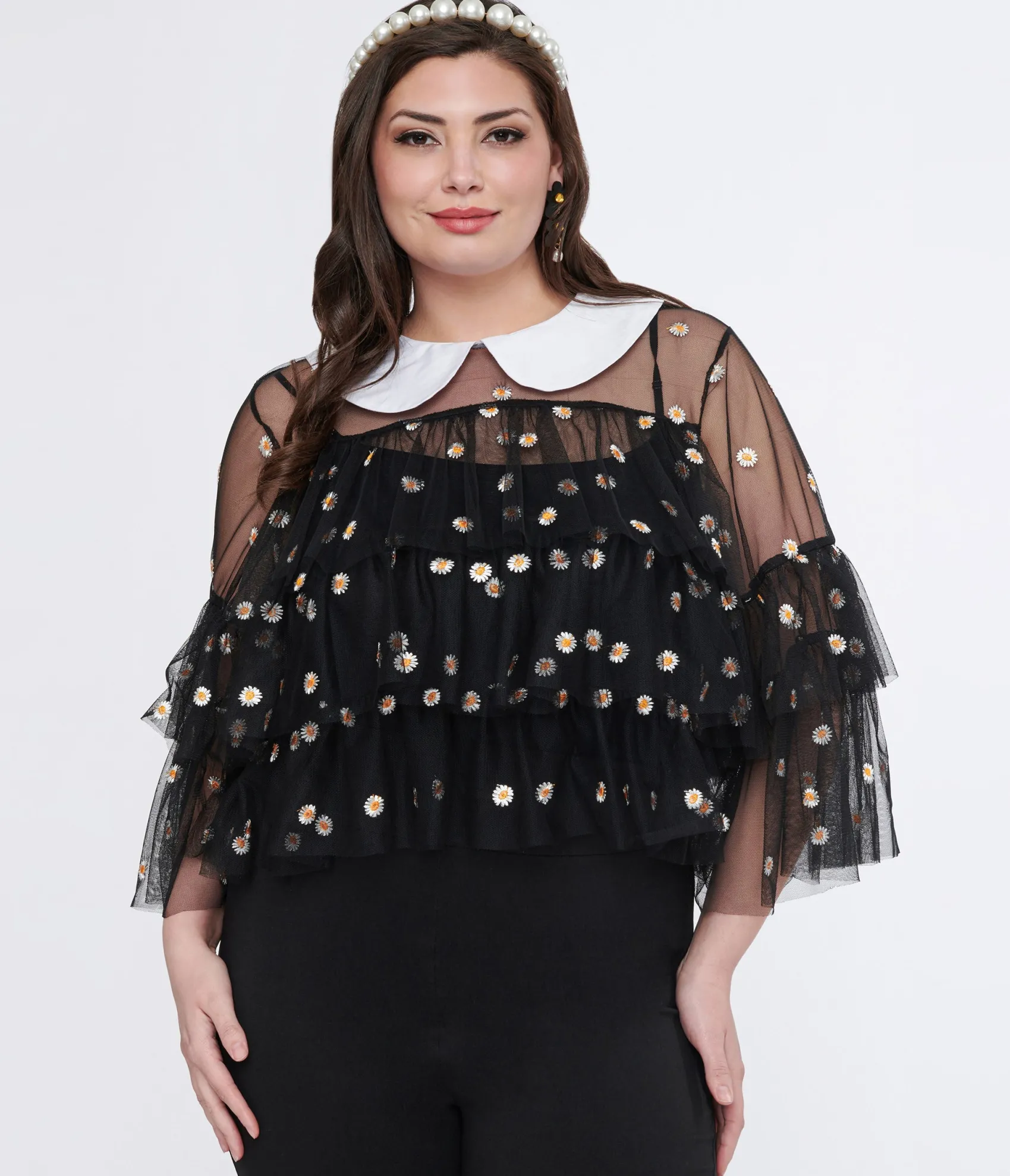 Unique Vintage Smak Parlour Plus Size Black Daisy Mesh Ruffle Top Flash Sale