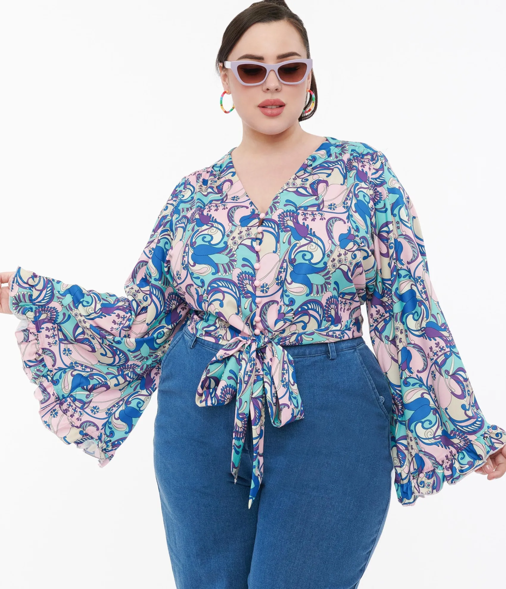 Unique Vintage Smak Parlour Plus Size Blue & Purple Psychedelic Floral Belva Crop Blouse Shop