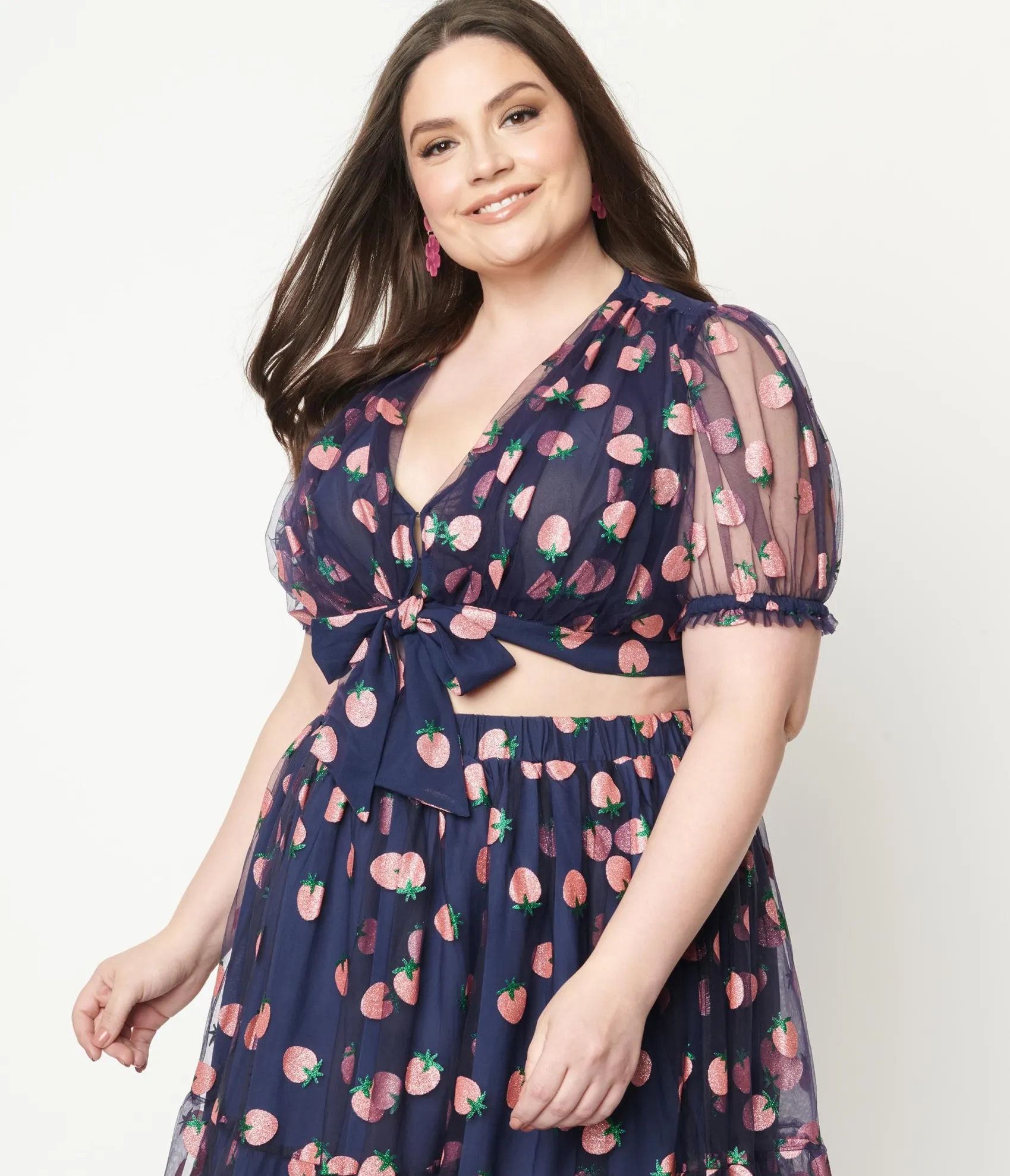 Unique Vintage Smak Parlour Plus Size Navy & Pink Strawberry Roller Queen Crop Blouse Sale