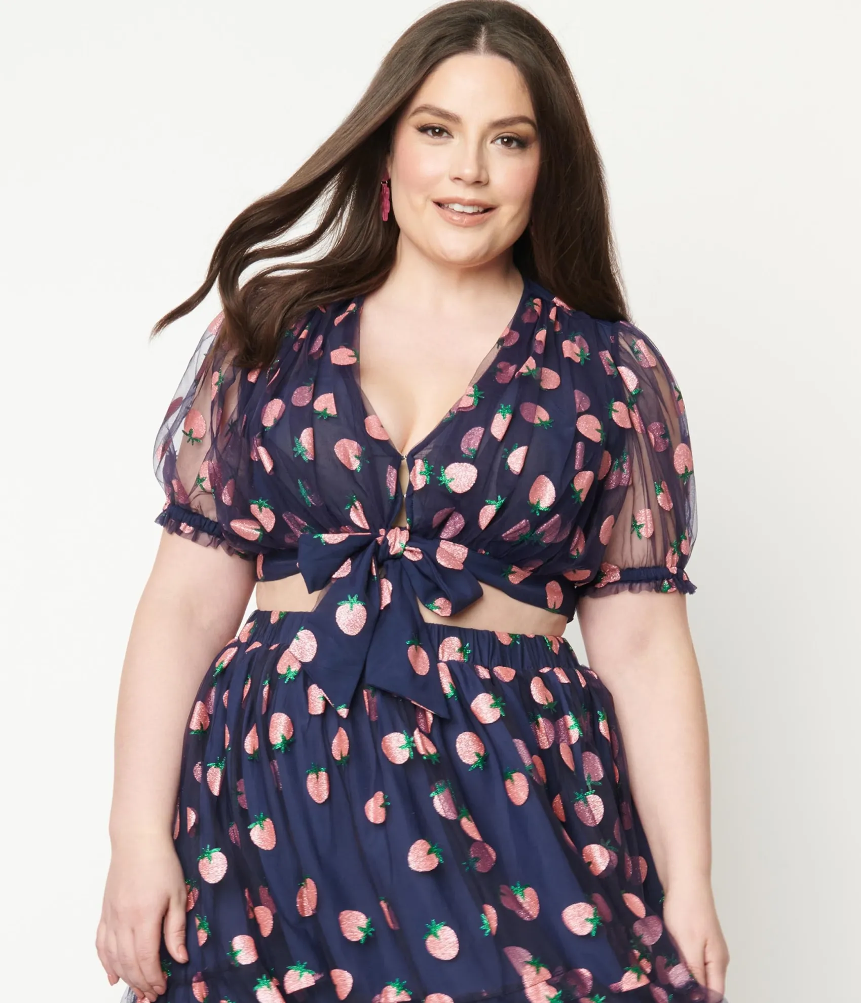 Unique Vintage Smak Parlour Plus Size Navy & Pink Strawberry Roller Queen Crop Blouse Sale