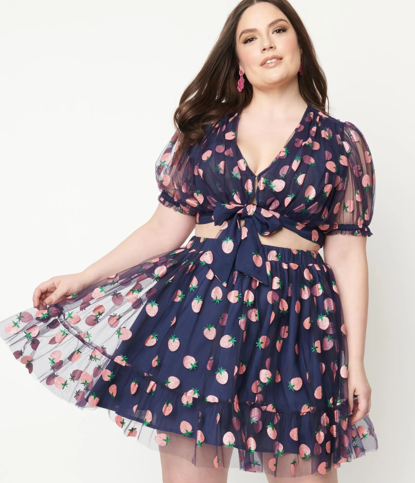 Unique Vintage Smak Parlour Plus Size Navy & Pink Strawberry Roller Queen Crop Blouse Sale
