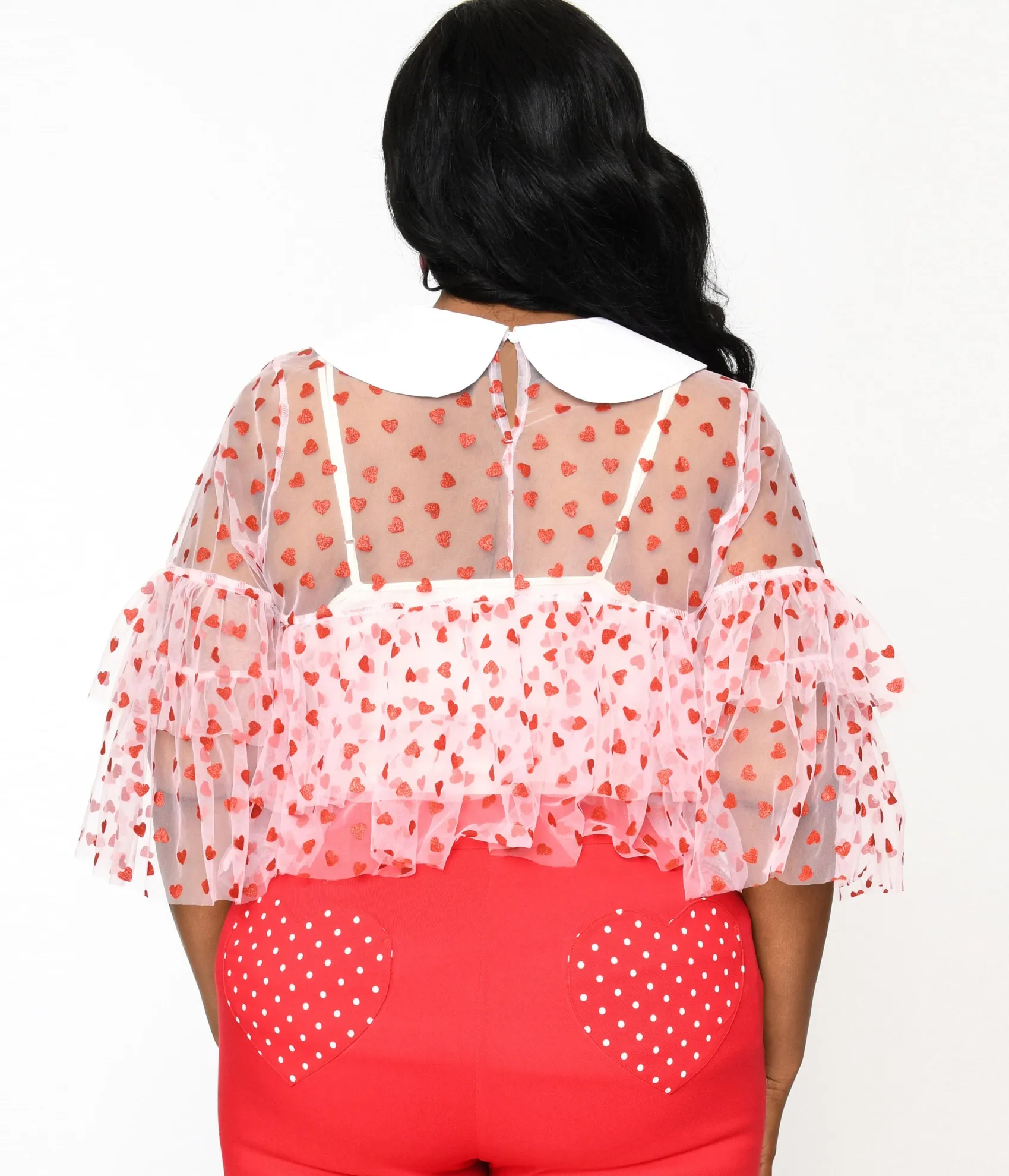 Unique Vintage Smak Parlour Plus Size Pink & Red Glitter Hearts Mesh Ruffle Top Shop