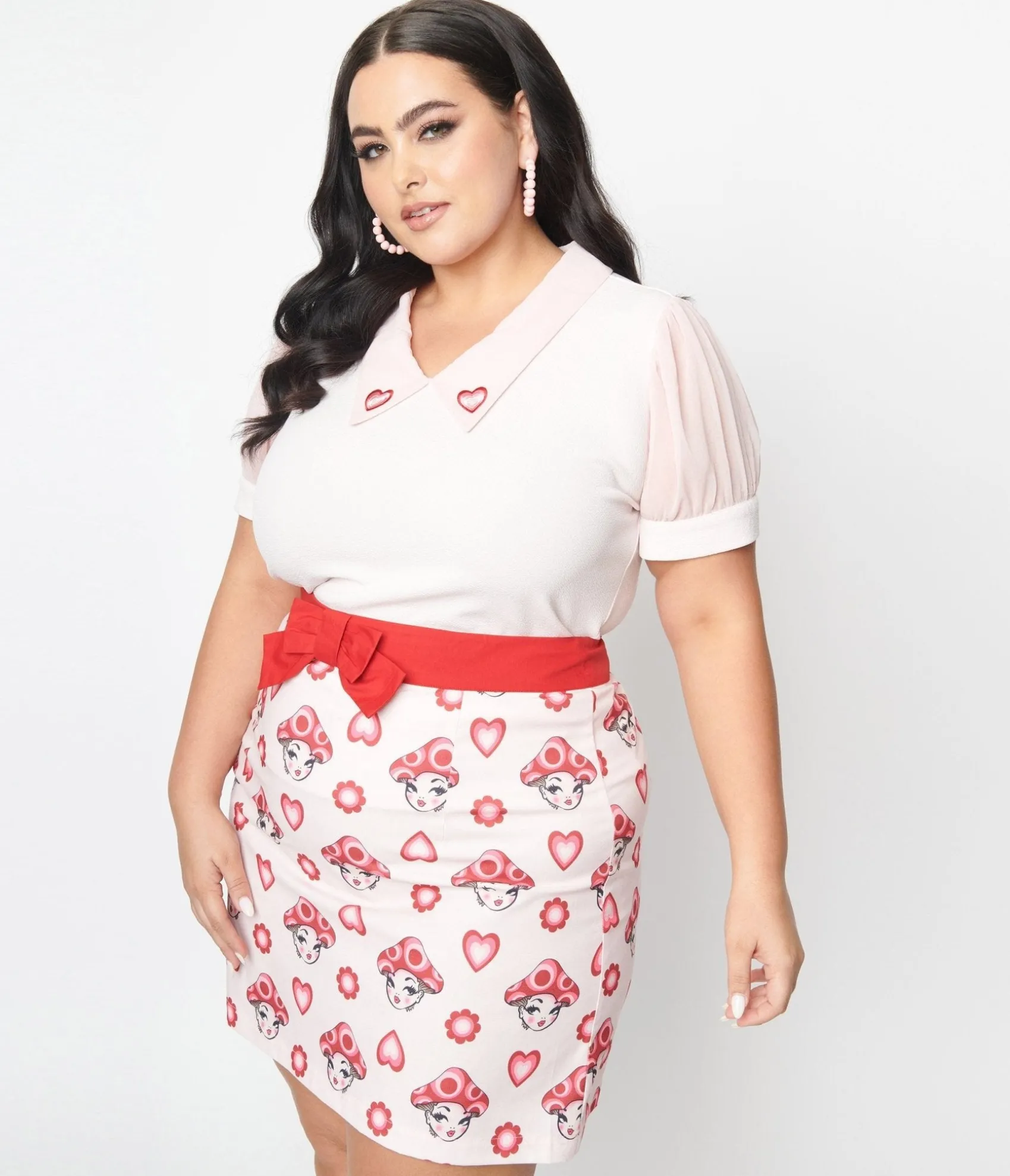 Unique Vintage Smak Parlour Plus Size Pink & Red Madam Mushroom Mod Skirt Online