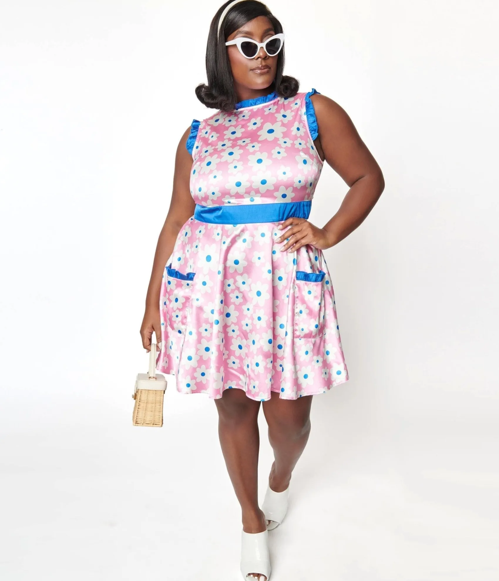 Unique Vintage Smak Parlour Plus Size Pink & White Ditsy Floral Happy Hour Flare Dress Shop