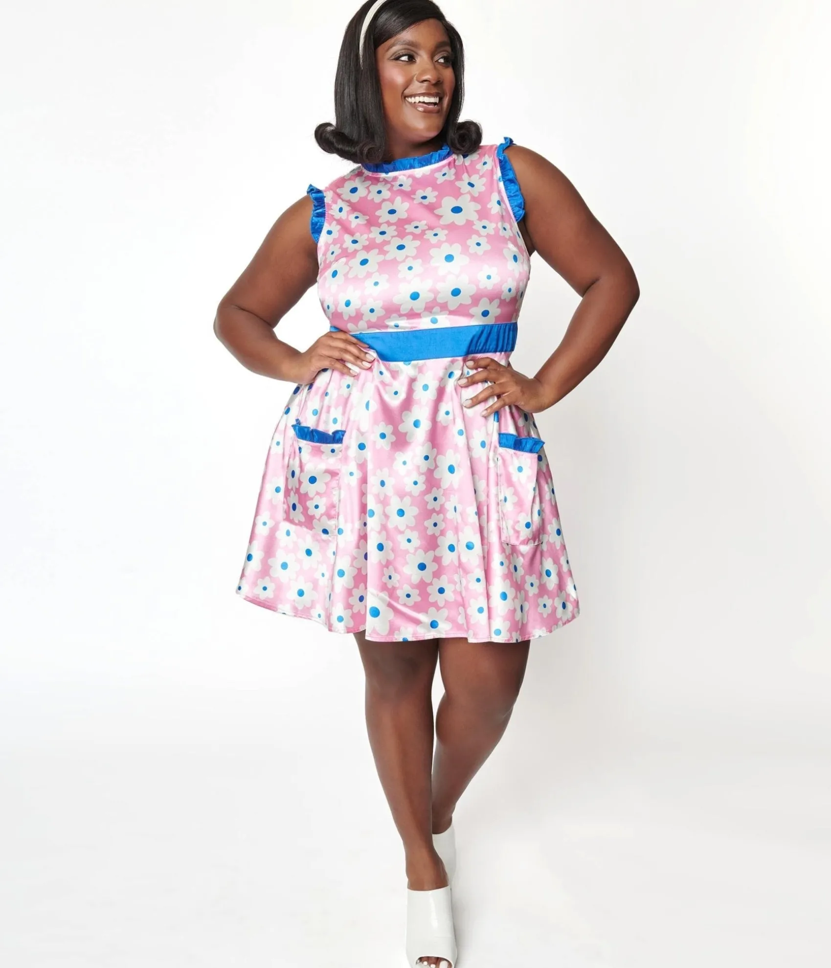 Unique Vintage Smak Parlour Plus Size Pink & White Ditsy Floral Happy Hour Flare Dress Shop
