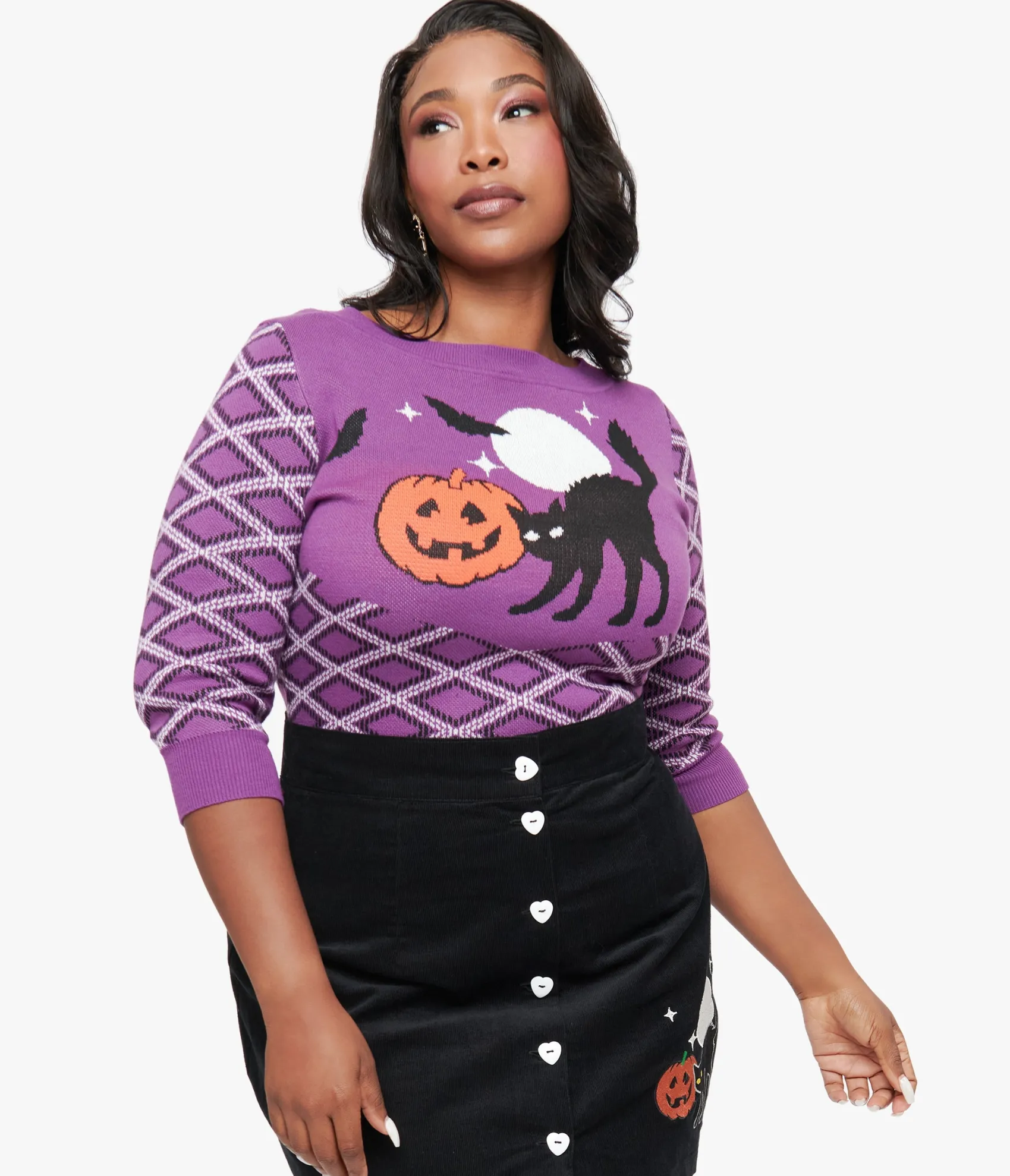 Unique Vintage Smak Parlour Plus Size Purple Plaid & Black Cat Sweater Clearance