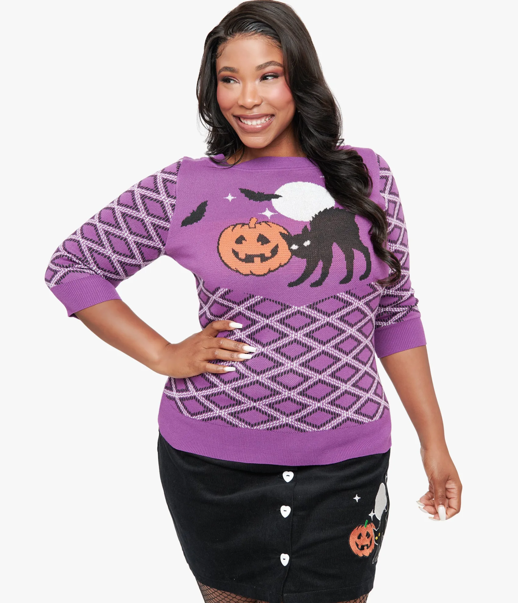 Unique Vintage Smak Parlour Plus Size Purple Plaid & Black Cat Sweater Clearance
