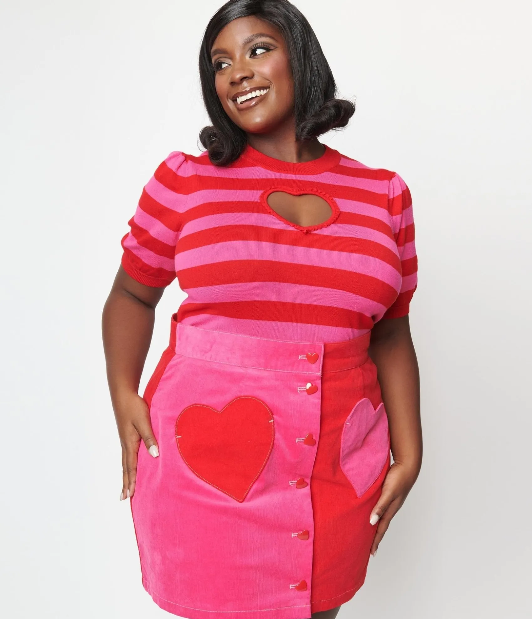 Unique Vintage Smak Parlour Plus Size Red & Pink Stripe Keyhole Heart Sweater Cheap