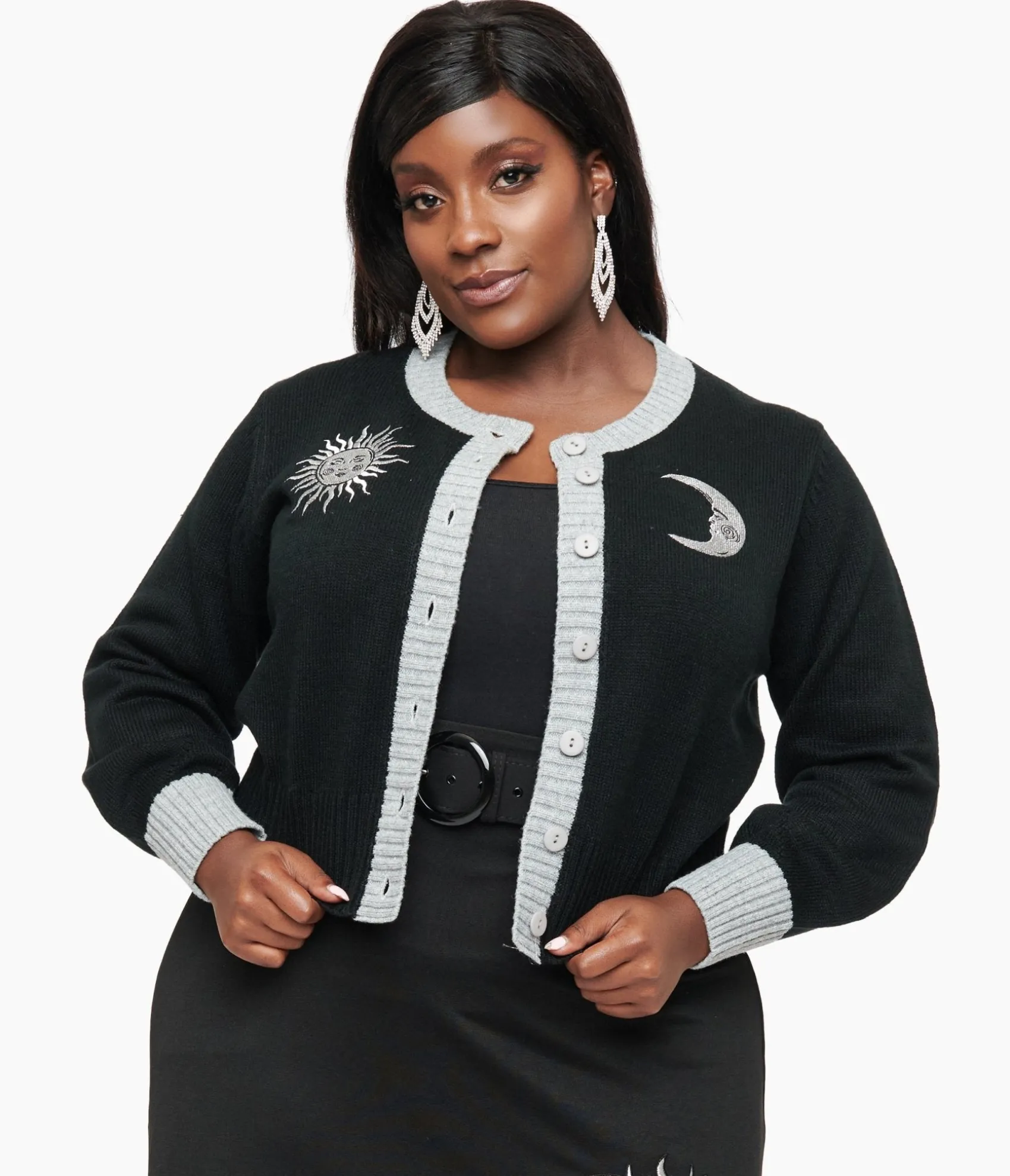 Unique Vintage Smak Parlour Plus Size 1960s Black & Silver Celestial Embroidered Cropped Cardigan Outlet