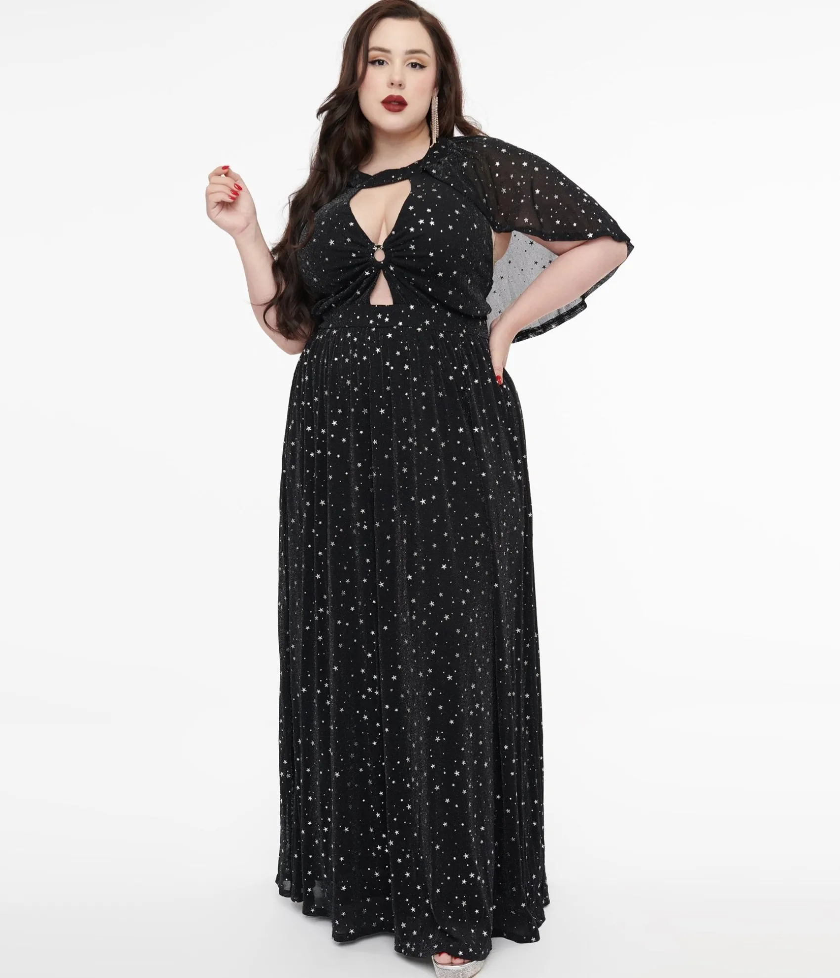 Unique Vintage Smak Parlour Plus Size 1970s Black & Silver Star Cape Maxi Dress Clearance